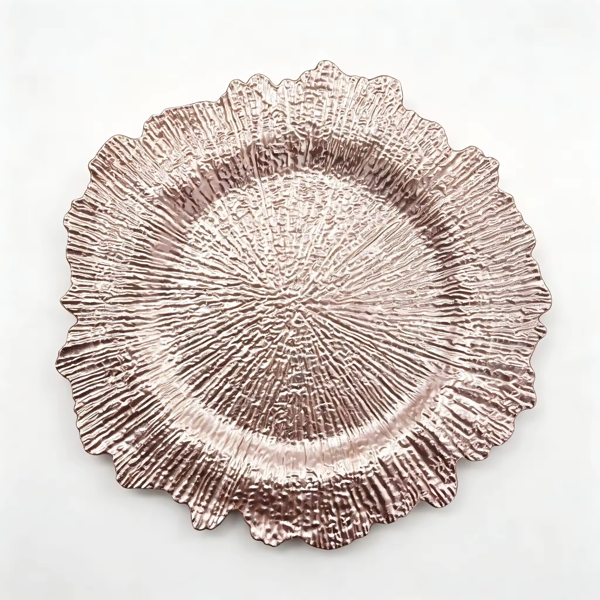 Woju 13 Inch Rose Gold Plastic Charger Plates, Powder‑Coated Radiant Textured Charger Plates with Wavy Petal Edge for Wedding Banquet Event Table Setting