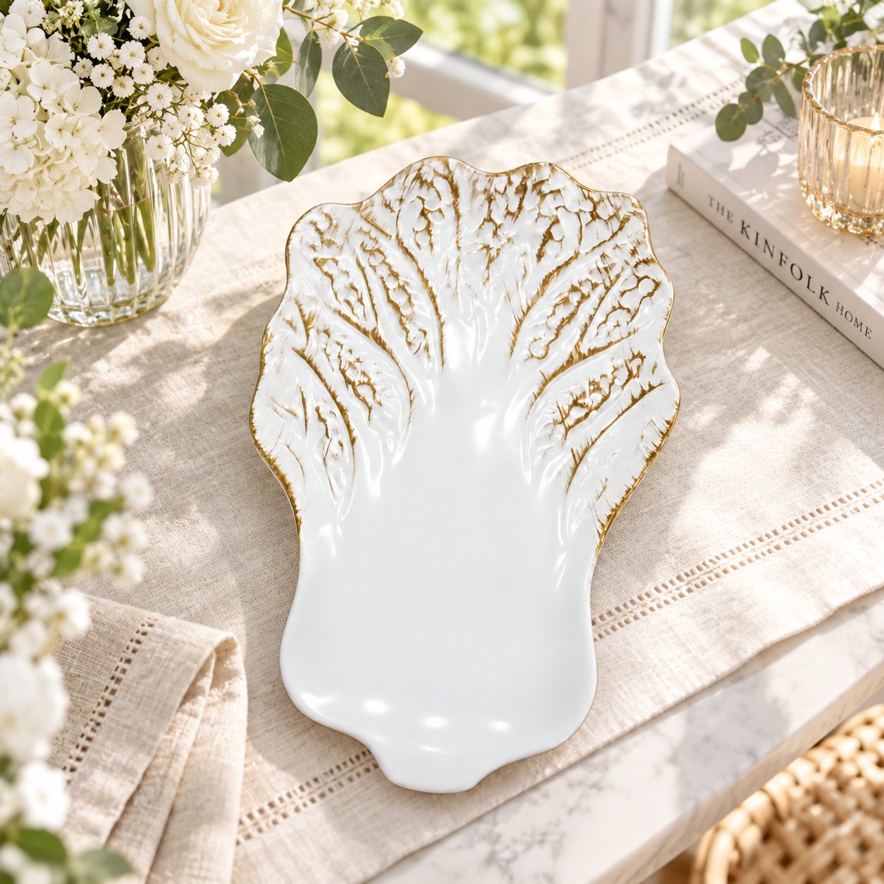 wojia luxury white gold electroplated cabbage shape decorative plate modern charger tray wedding banquet hotel event decor-1