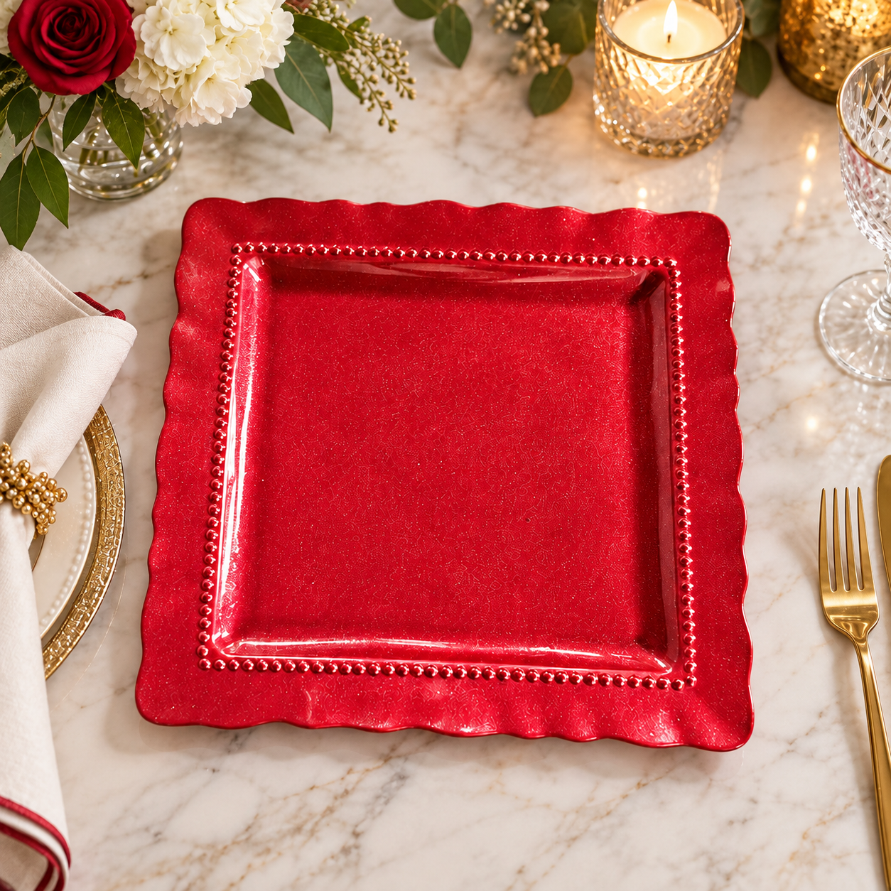 wojia 13in red powder coated square charger plate luxury scalloped beaded rim plastic underplate wedding party table decor-1
