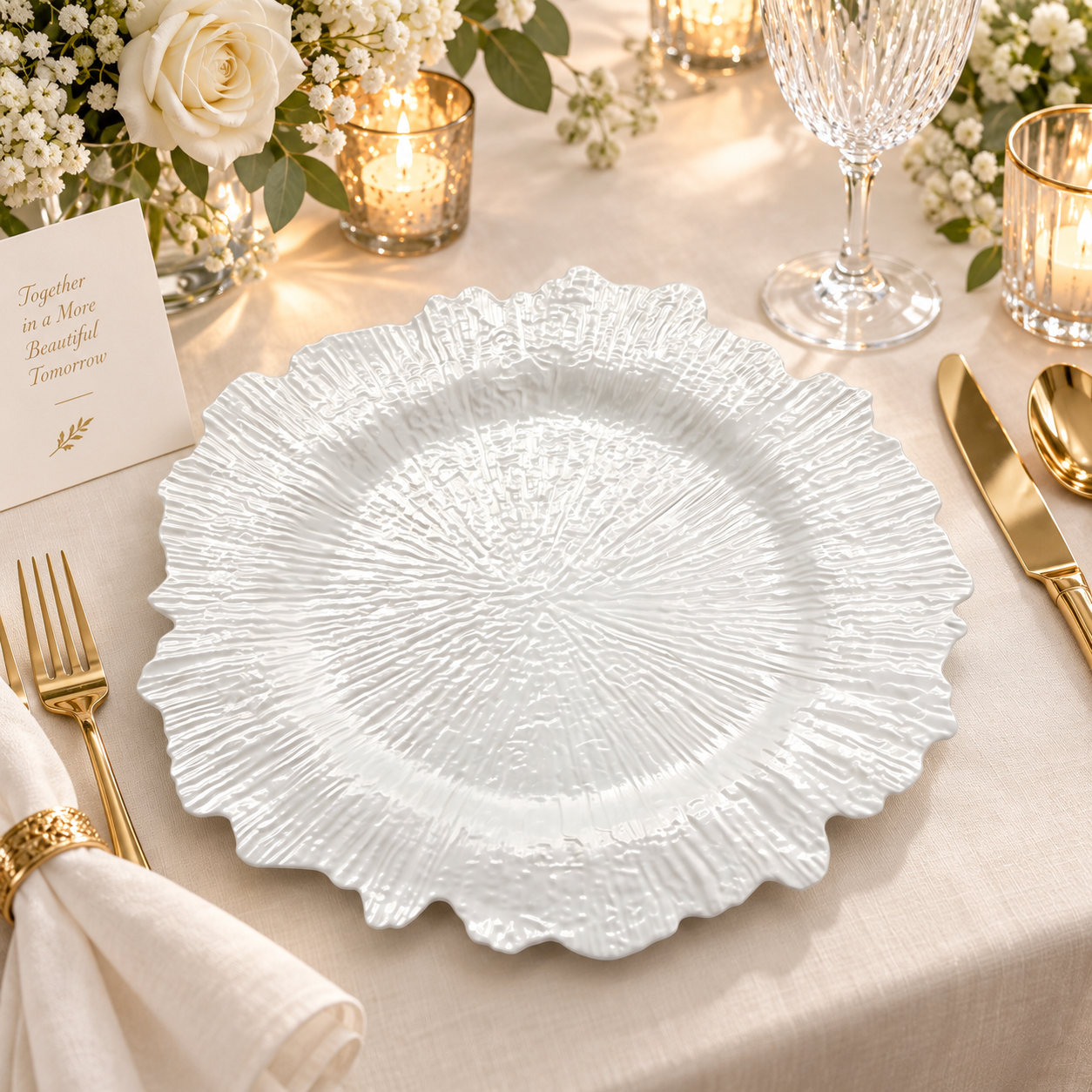woju 13 inch rose gold plastic charger plates powdercoated radiant textured charger plates with wavy petal edge for wedding banquet event table setting-2