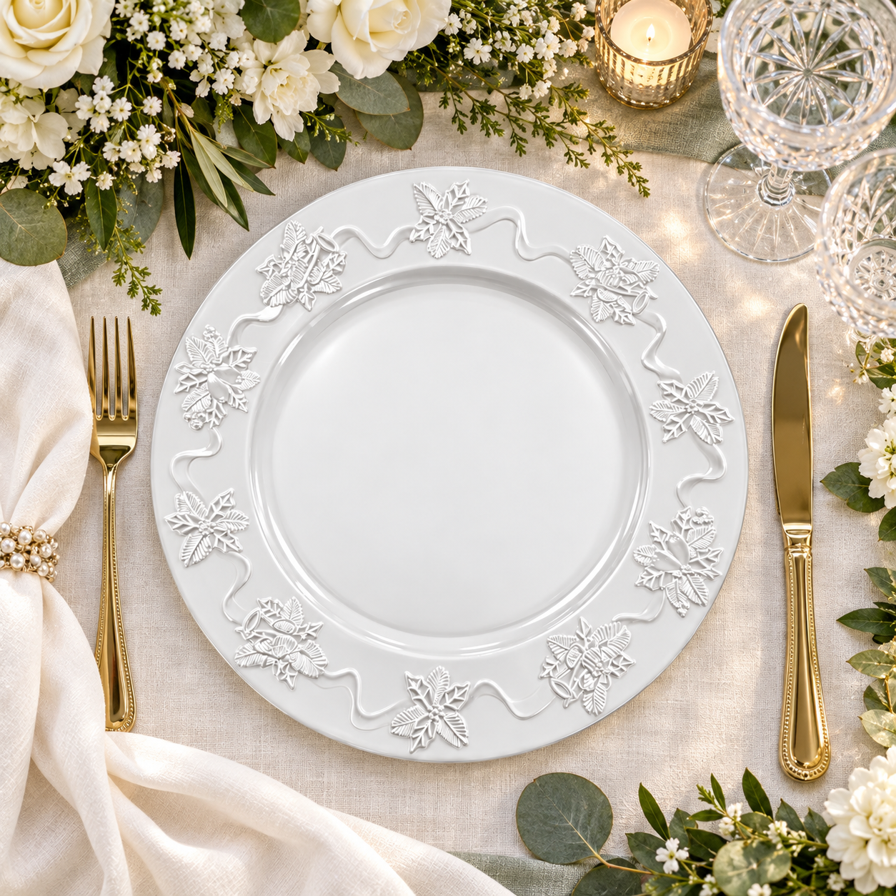 13in plastic charger plate powder coated luxury embossed floral rim elegant green table decor for wedding reception-3