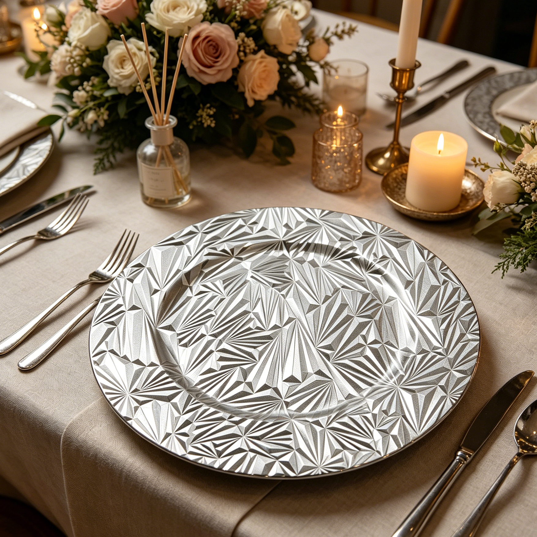hot new silver diamond cut durable pp charger plates round for modern and glam wedding table settings-3