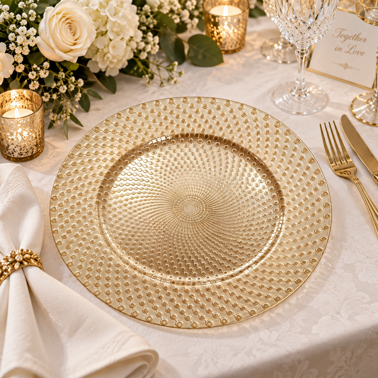modern 13in plastic charger plate powder coated radiating bead texture luxury green design for party banquet event-2