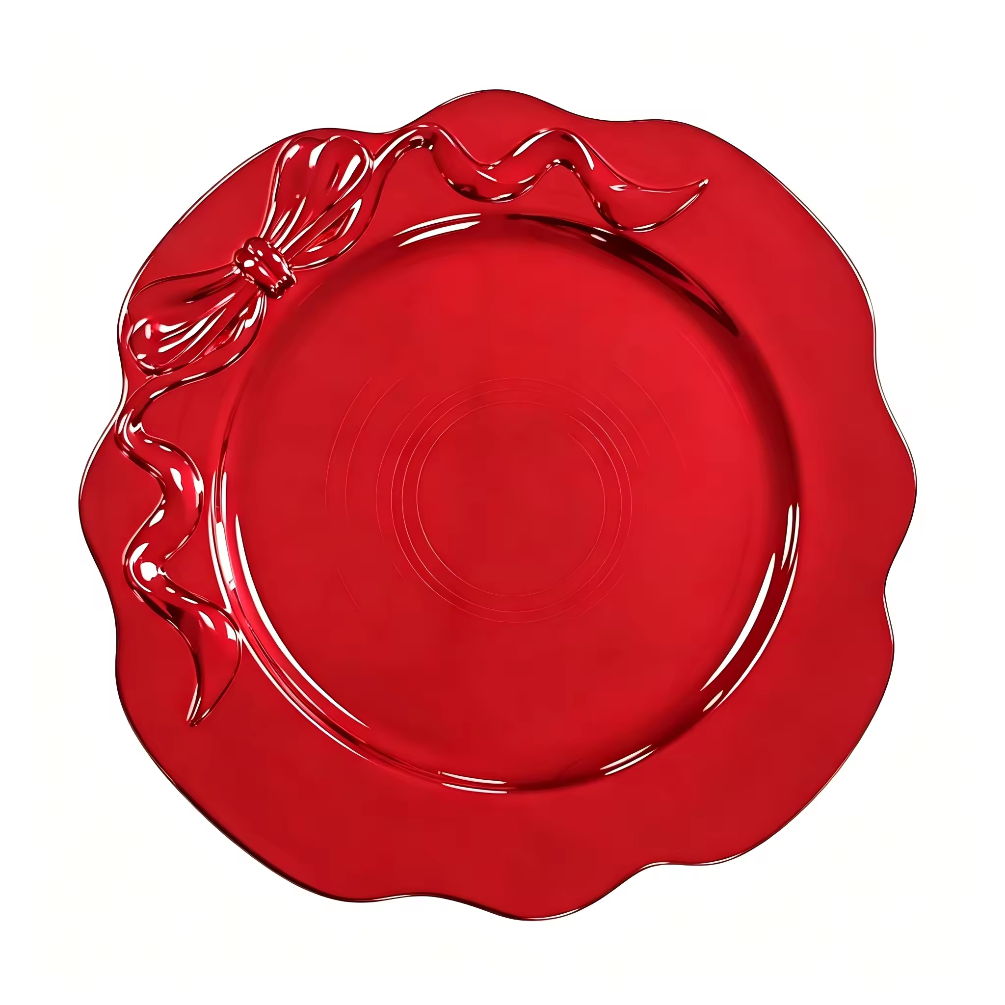 Wojia 13in Red Electroplated Bow Charger Plate Luxury Romantic Scalloped Plastic Underplate Christmas Party Table Setting Decor
