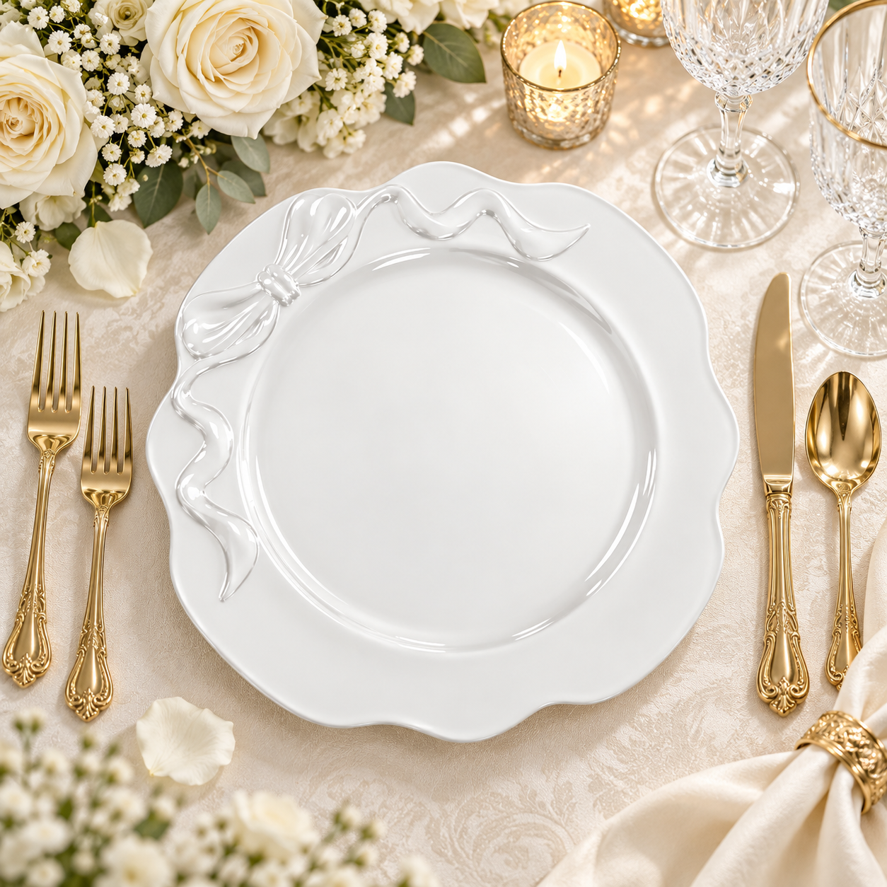 wojia 13in red electroplated bow charger plate luxury romantic scalloped plastic underplate christmas party table setting decor-1