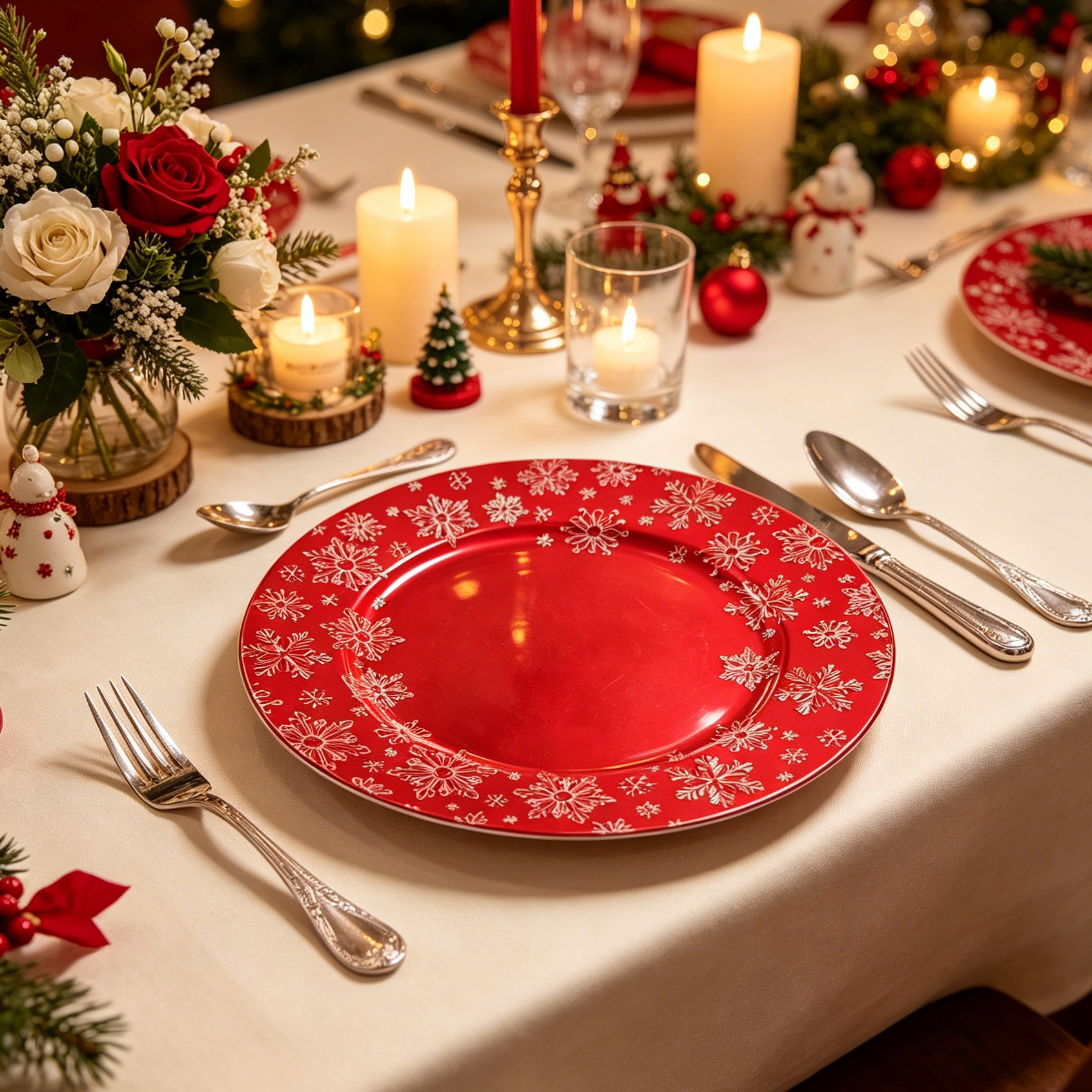 13 inch gold snowflake embossed charger plates for christmas dinner and holiday party table setting-3
