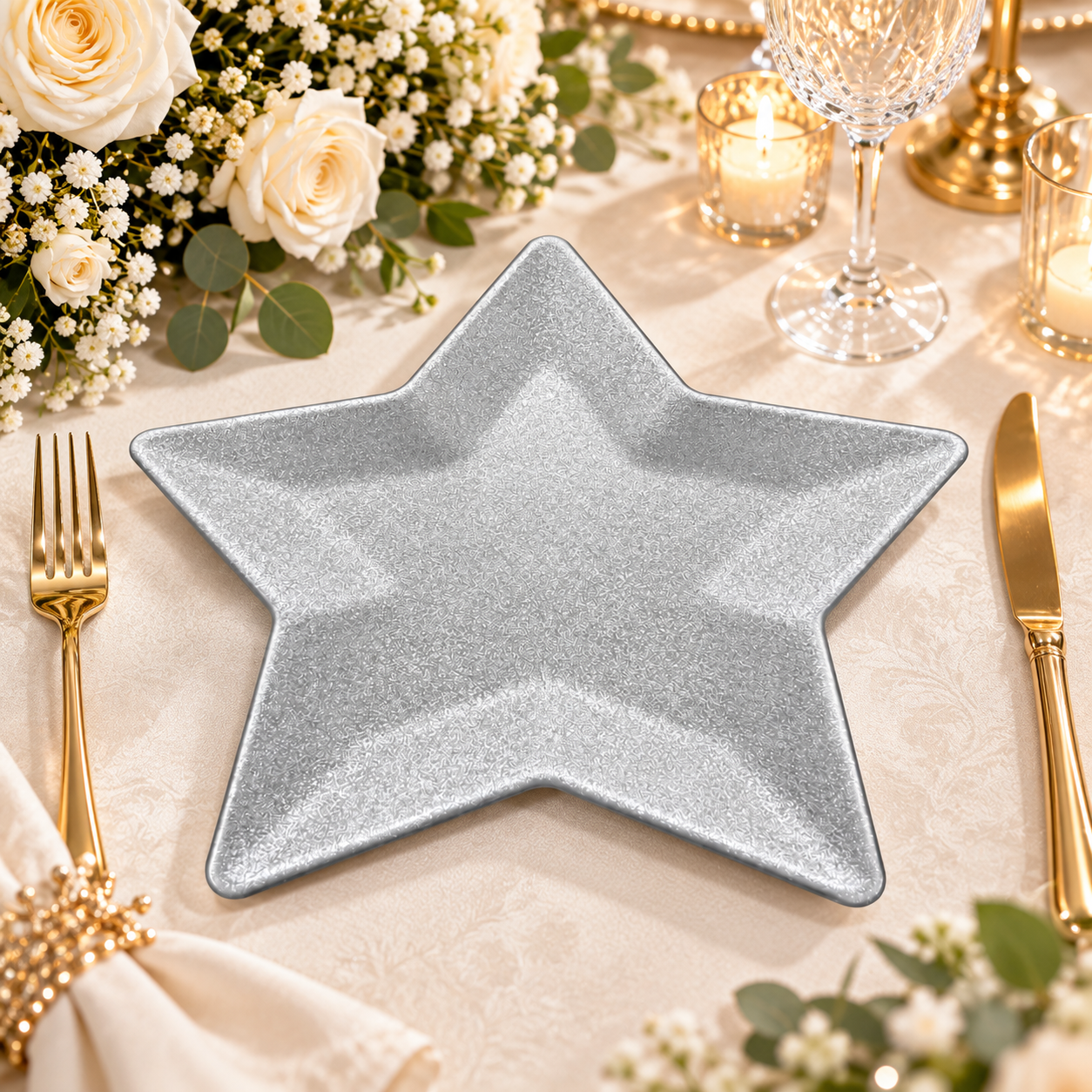 wojia 13in modern silver star charger plate powder coated glitter textured design for holiday party event table decoration-1