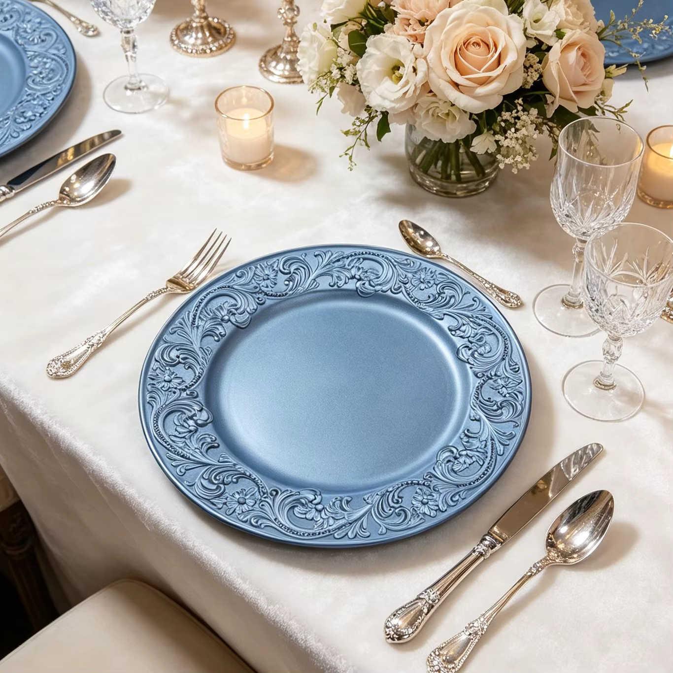 13 inch luxury american style plant textured pp plastic round eco friendly elegant charger plate for weddings parties events-4
