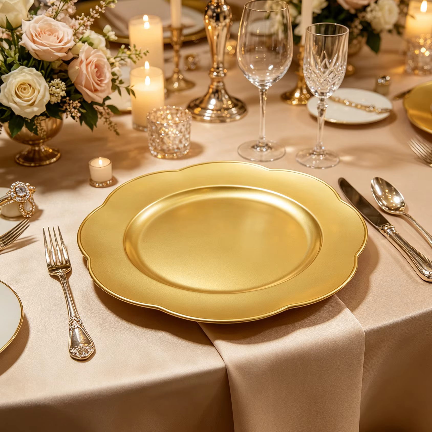 factory direct eco friendly pp gold flower scallop charger plates customizable for home hotels weddings banquets party events-2