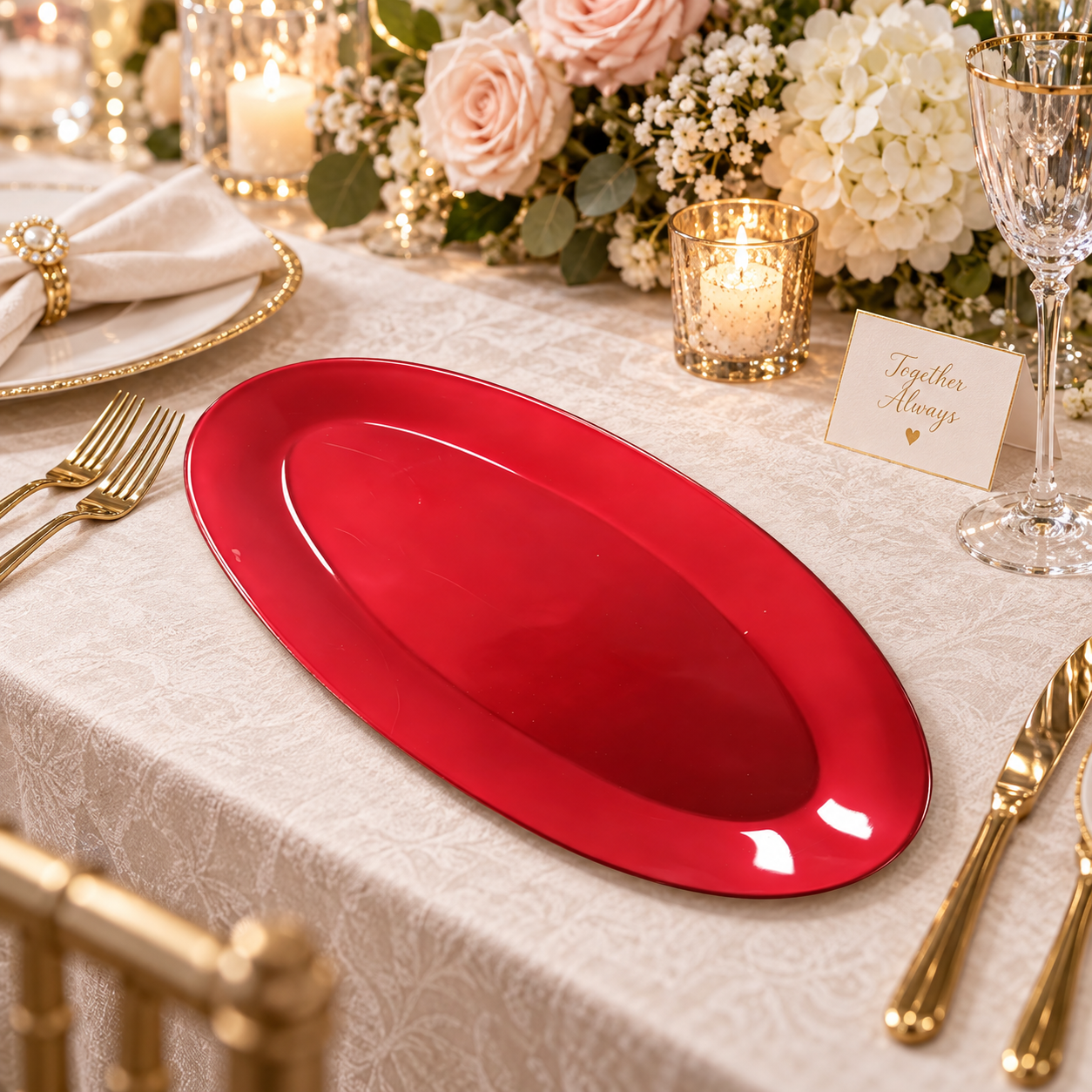 woju glossy red oval plastic charger plates powdercoated smooth decorative underplates for holiday wedding banquet  catering table setting-1