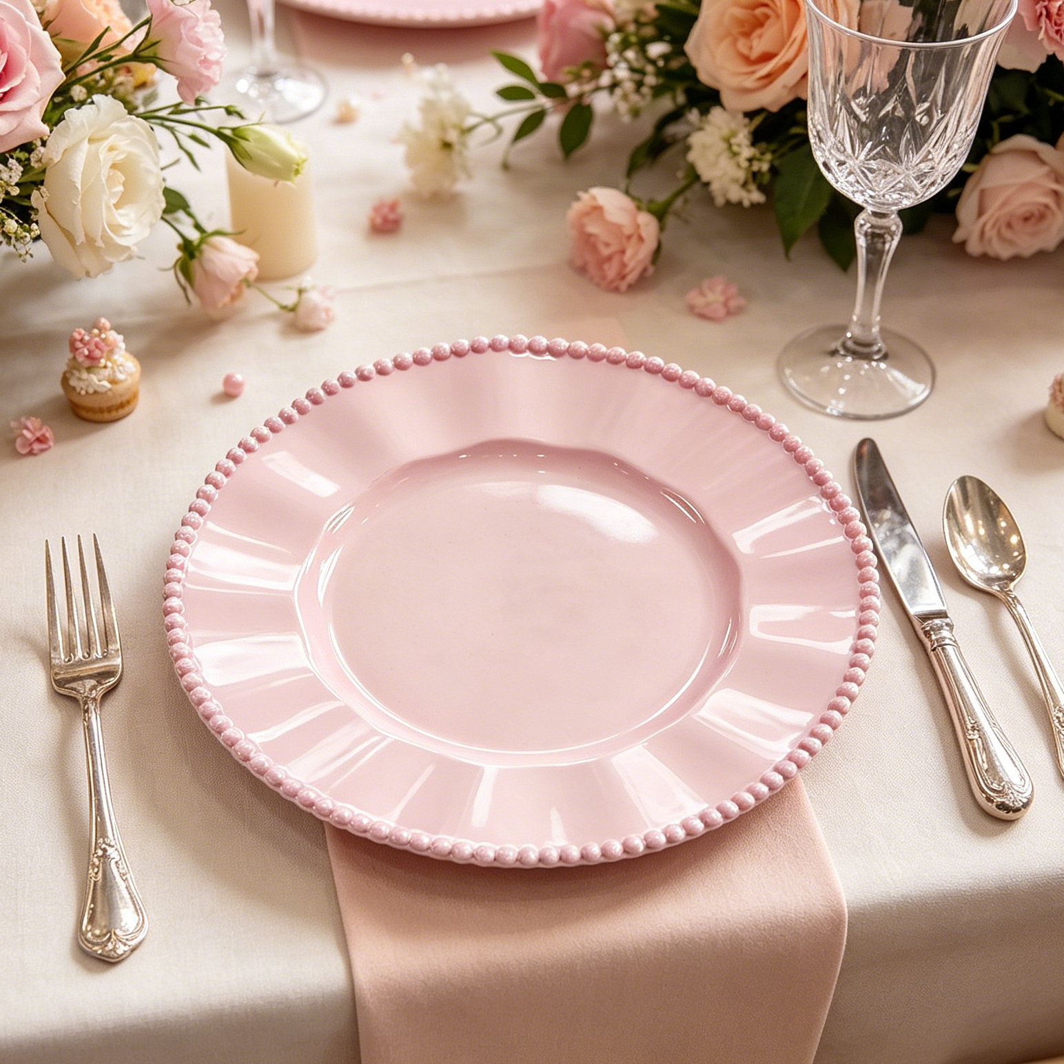 woju 33cm pink pp charger plates reusable glossy decorative plates with pearlbeaded rim  scalloped wavy edge for wedding bridal shower banquet table setting-4
