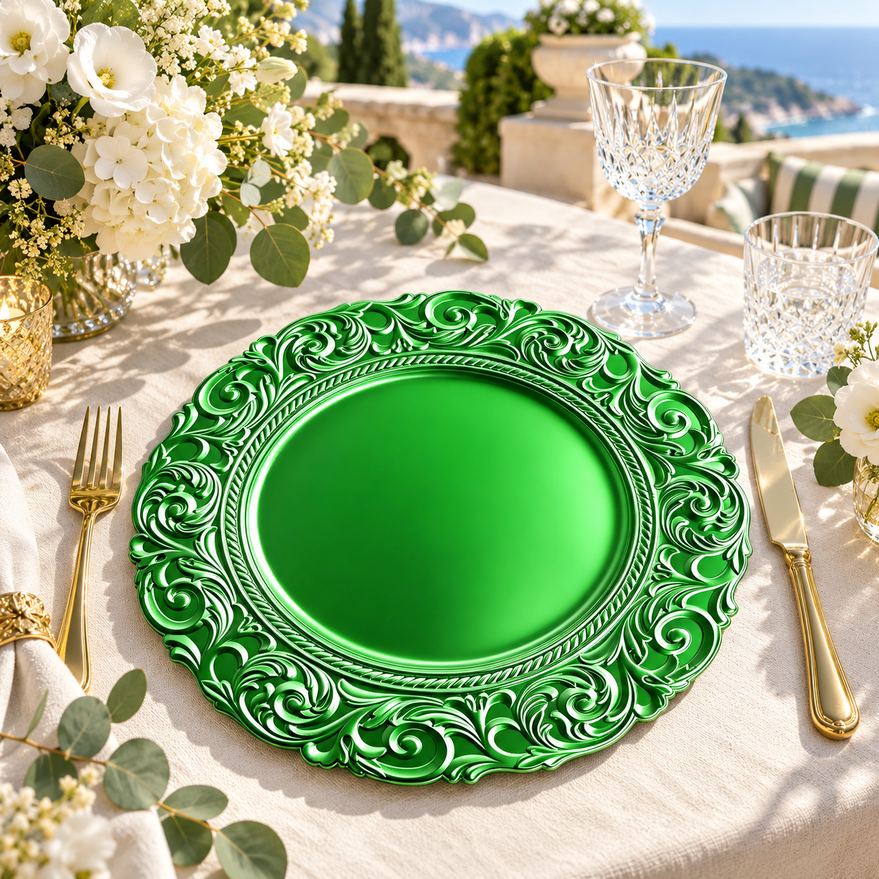 woju refined 13in silver wedding plates powder coated plastic charger plates with ornate edge for formal dinner decor-4