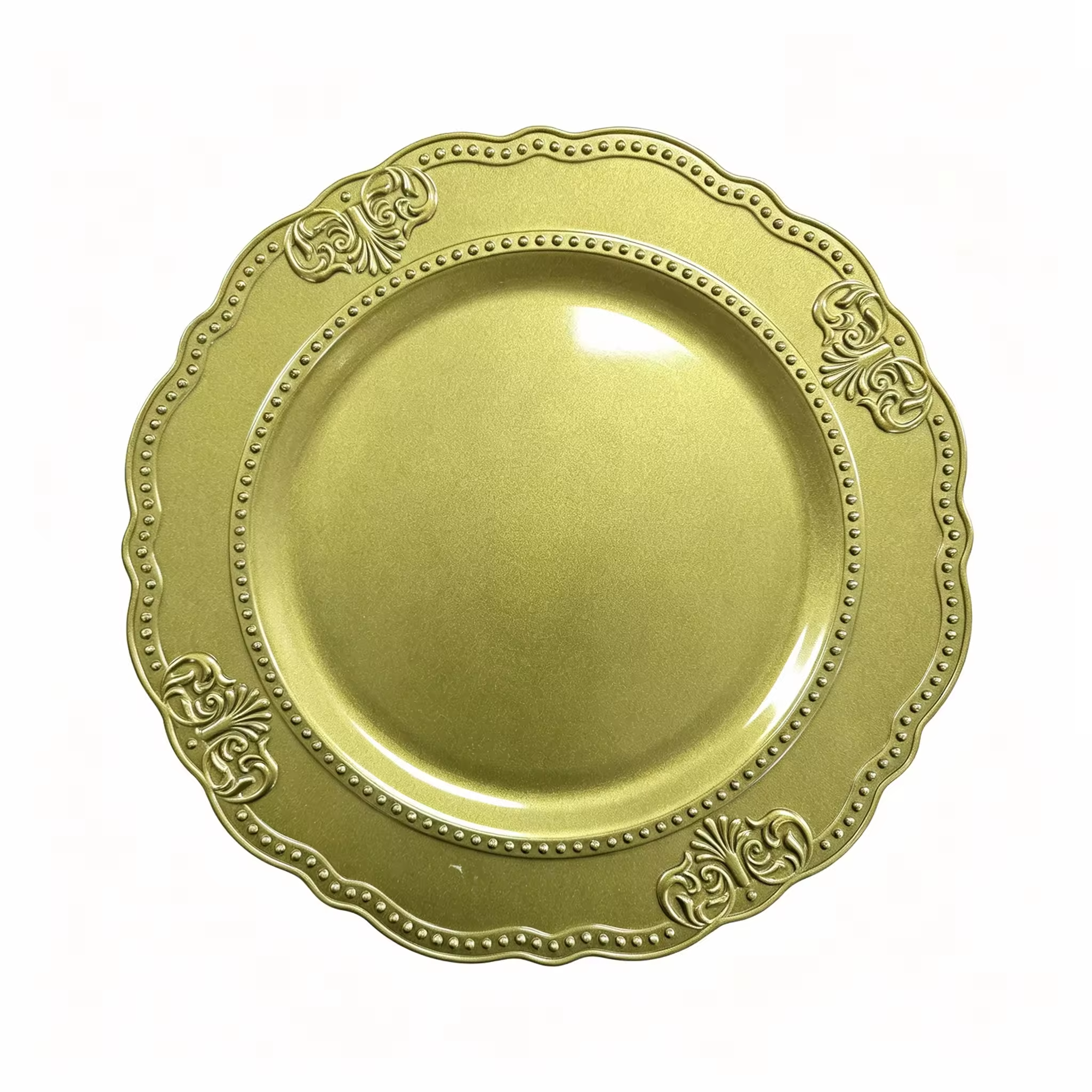 Woju 13‑Inch Glossy Dark Green PP Plastic Charger Plates, Scalloped Shape Decorative Underplates with Beaded Rim & Vintage Scroll Embossment for Wedding Banquet Hotel Table Setting
