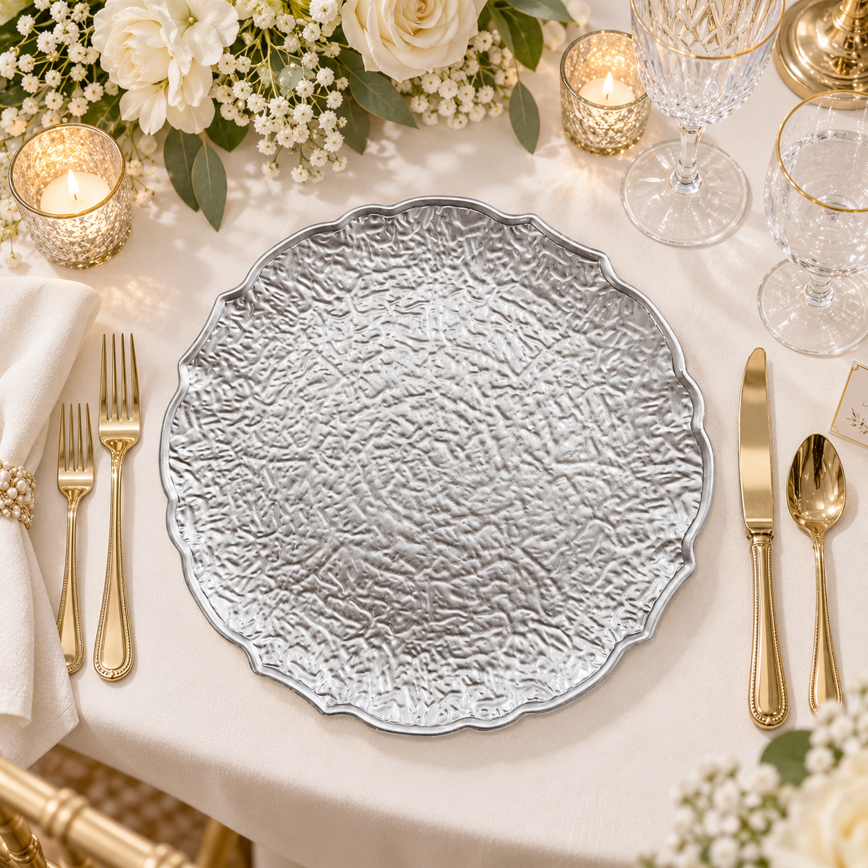 woju 13 inch wavy scalloped plastic charger plates hammered textured metallic decorative service plates for wedding banquet  event table decor multiple colors available-4