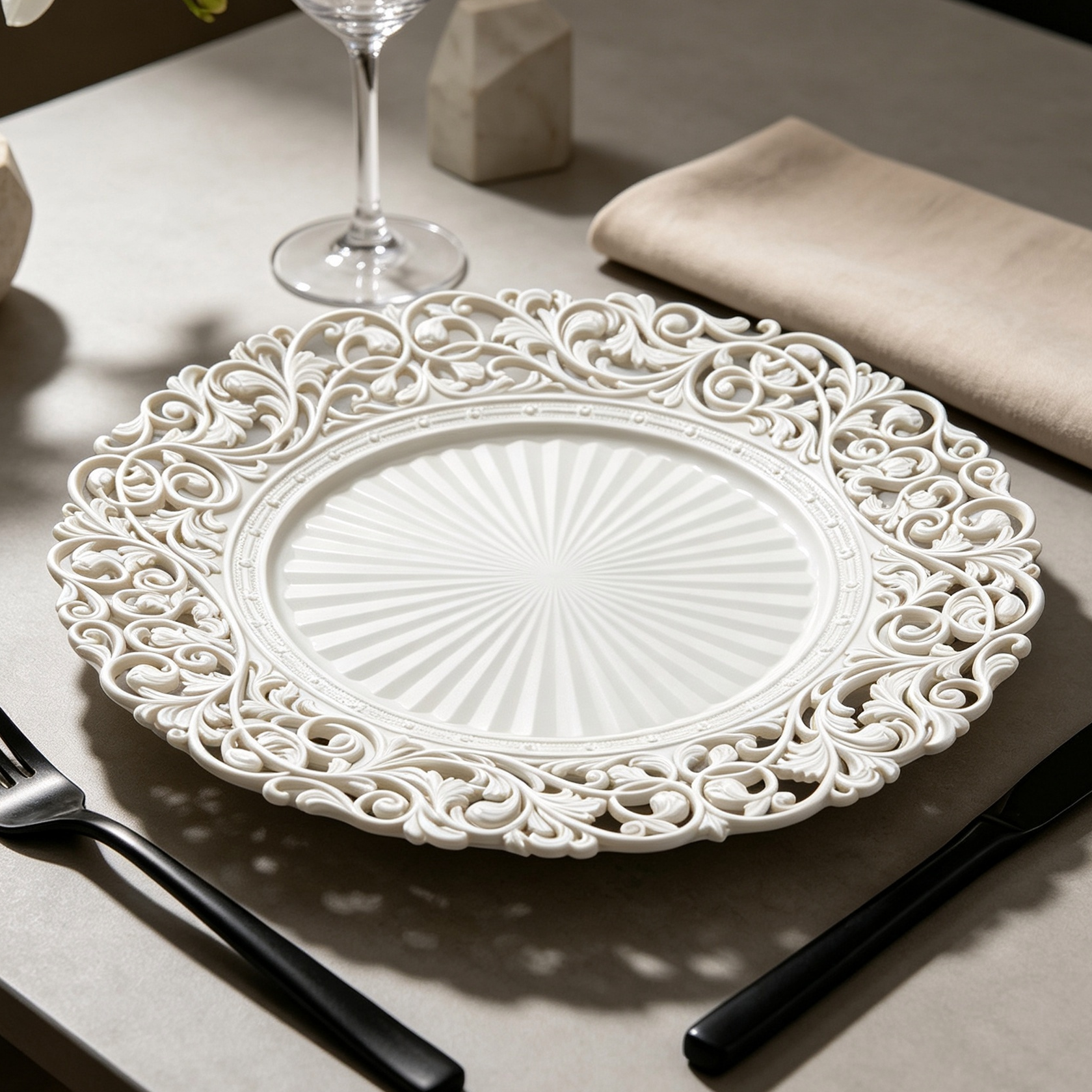 woju 13inch matte sage green pp plastic charger plates round decorative underplates with hollowout scroll floral lace rim  sunburst embossed center for wedding banquet hotel table setting-4