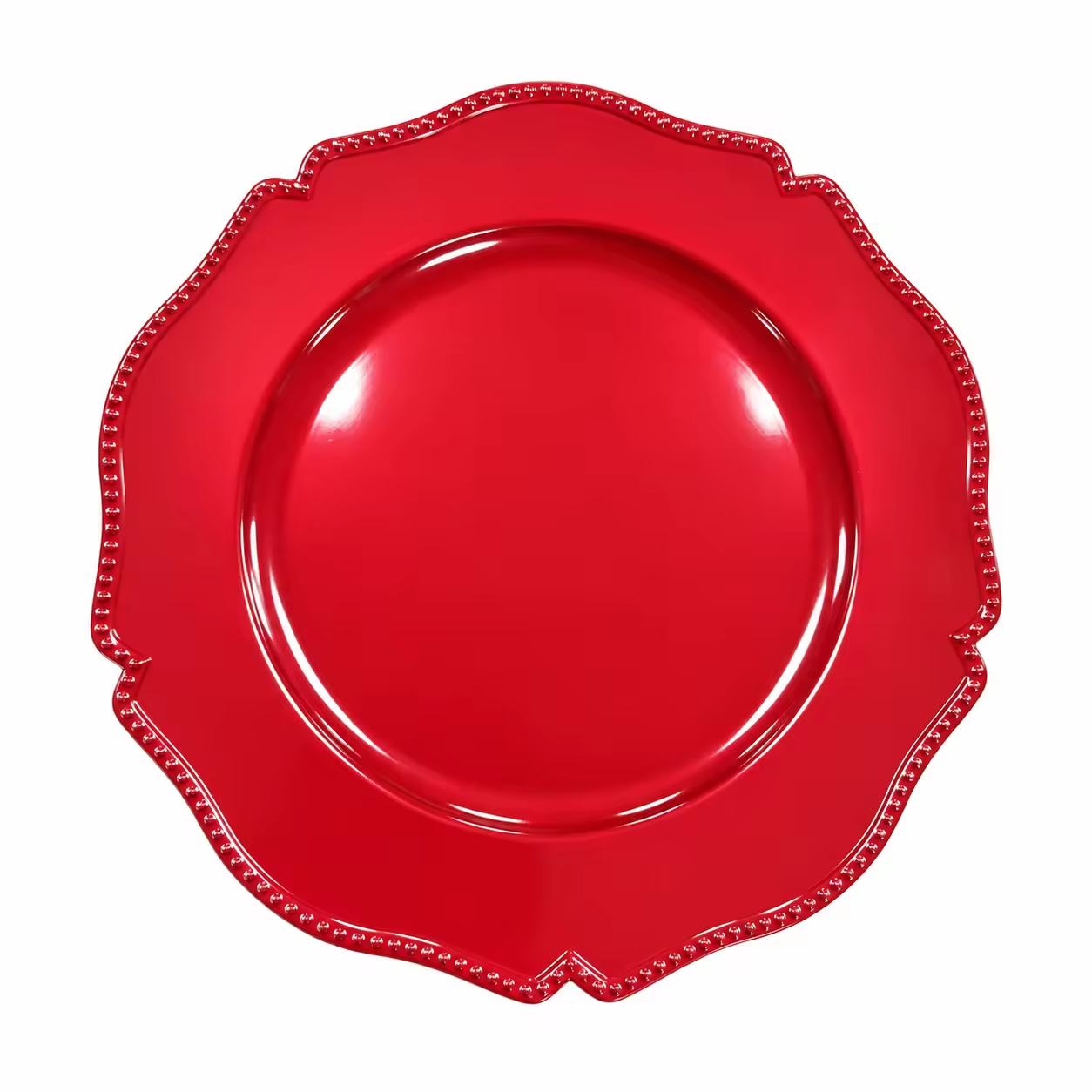 13 Inch Powder‑Coated Red Plastic Charger Plates Holiday Table Decor for Christmas, Wedding & Banquet