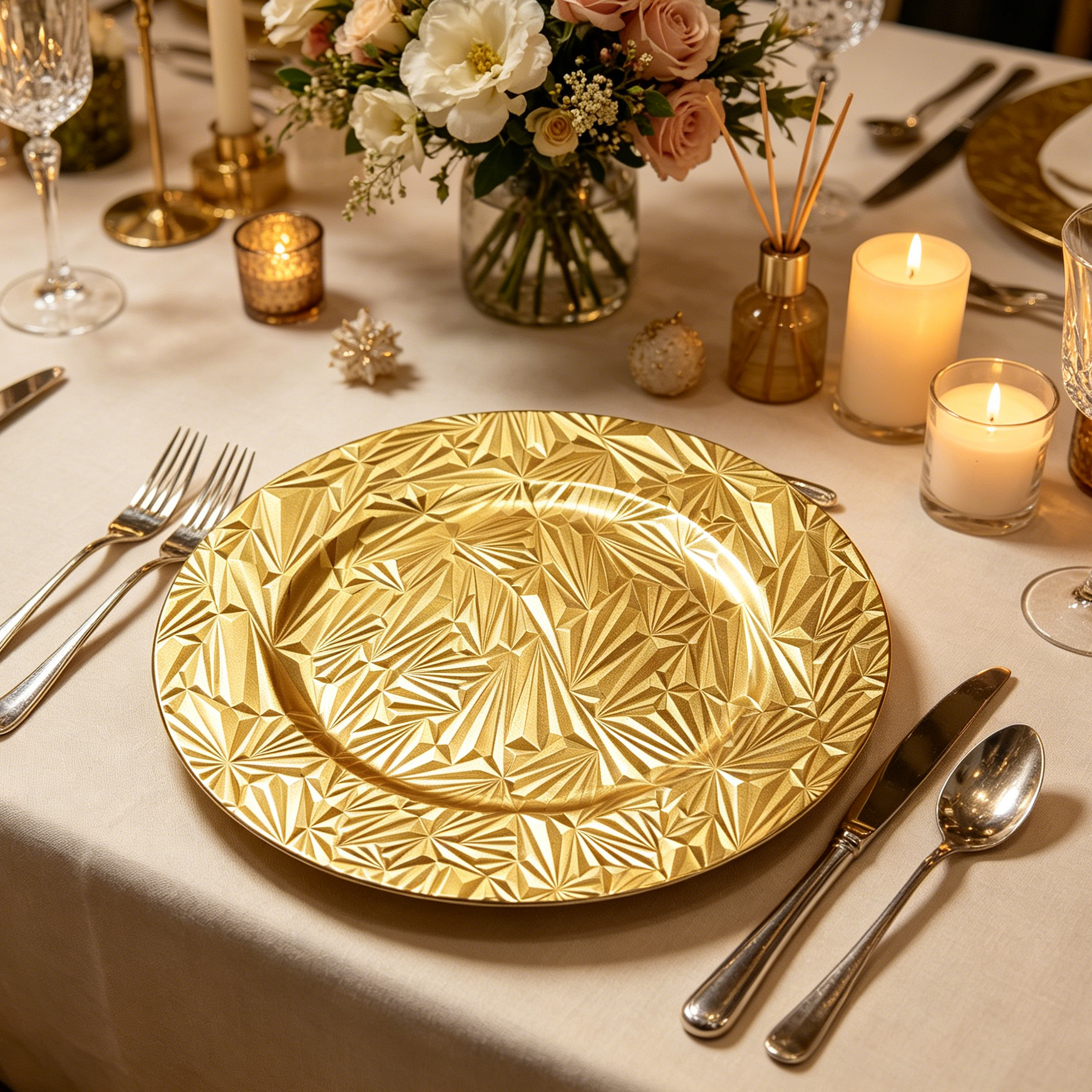 hot new silver diamond cut durable pp charger plates round for modern and glam wedding table settings-1