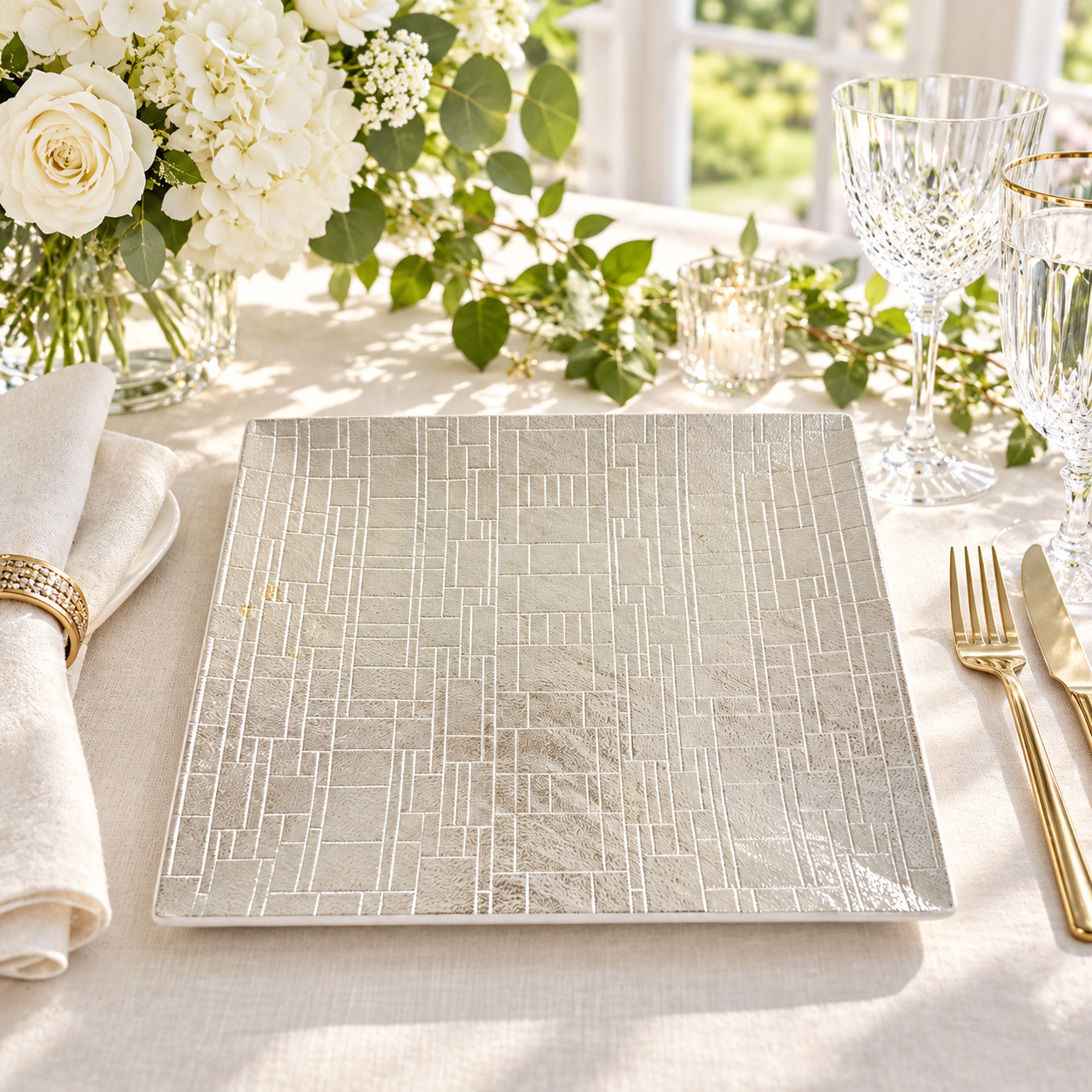 wojia 13in modern geometric textured charger plates powder coated silver square plate for wedding reception catering table decor-1