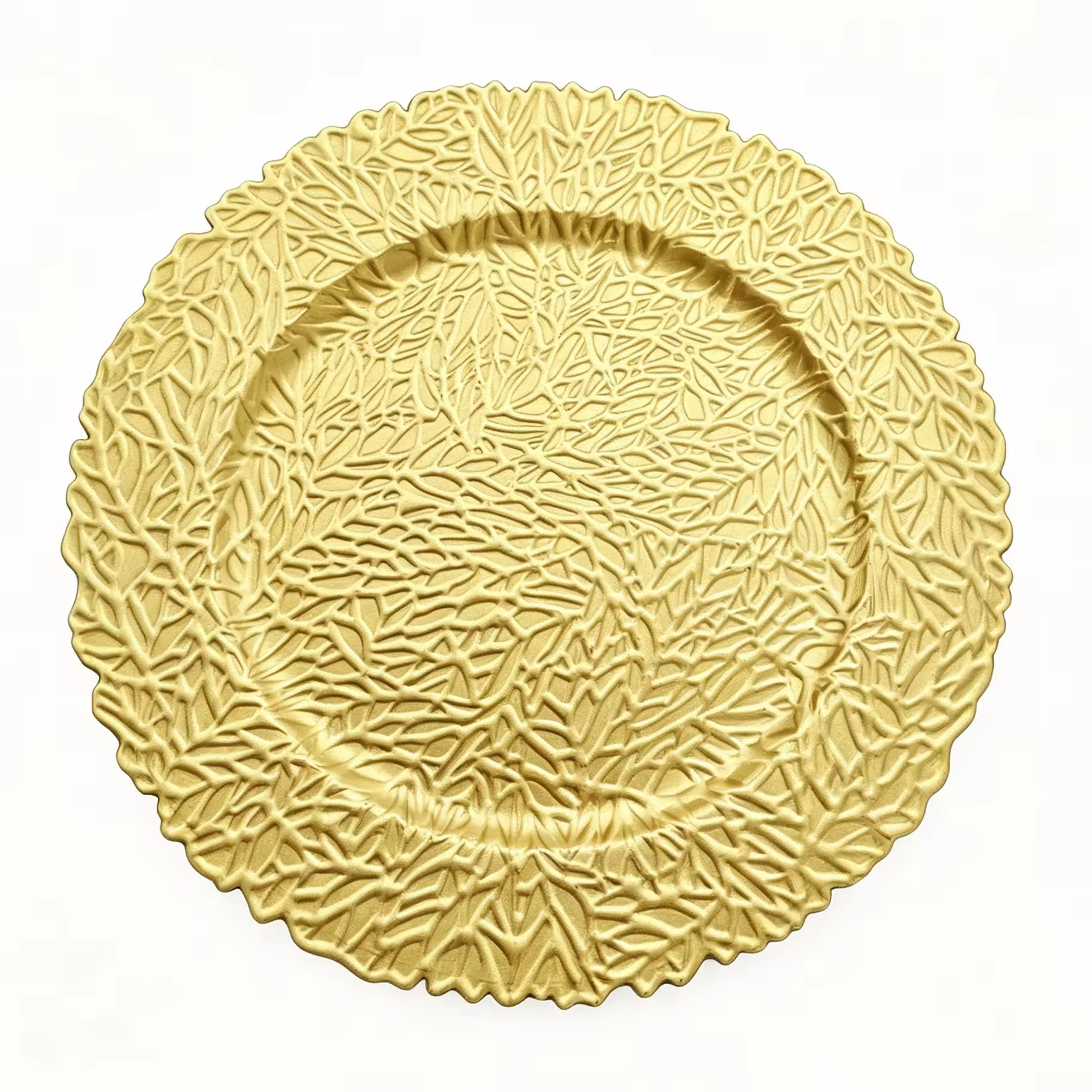 Woju 13‑Inch Metallic Red PP Plastic Charger Plates, Round Decorative Underplates with Full‑Surface Embossed Leaf‑Vine Texture & Scalloped Edge for Wedding Banquet Hotel Table Setting