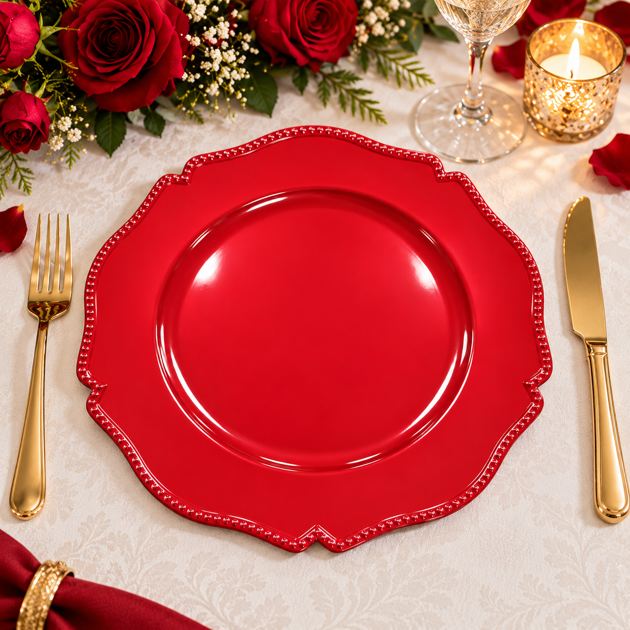 13 inch powdercoated red plastic charger plates holiday table decor for christmas wedding  banquet-3