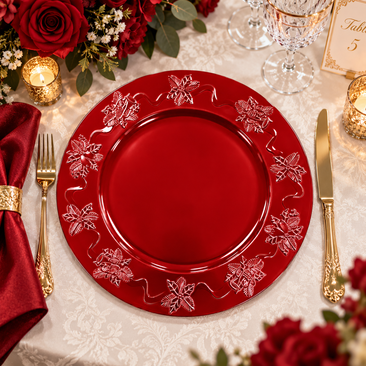13in plastic charger plate powder coated luxury embossed floral rim elegant green table decor for wedding reception-4
