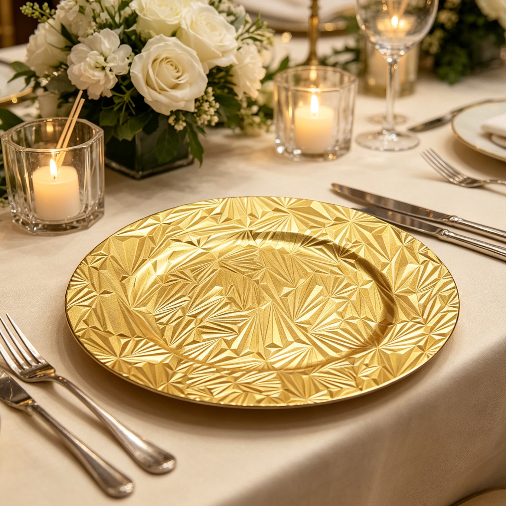 hot new silver diamond cut durable pp charger plates round for modern and glam wedding table settings-2