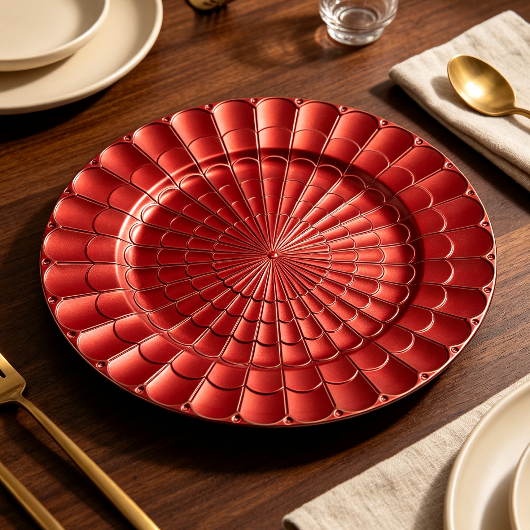 woju 13inch matte metallic gold pp plastic charger plates round decorative underplates with fullsurface radiating fanscale embossed texture for wedding banquet hotel table setting-3