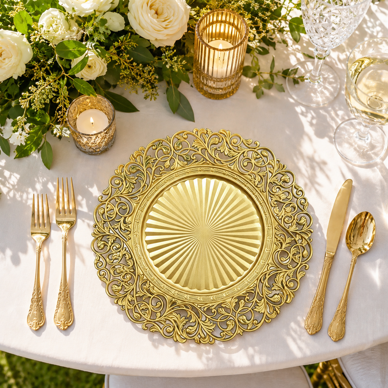 woju 13inch matte sage green pp plastic charger plates round decorative underplates with hollowout scroll floral lace rim  sunburst embossed center for wedding banquet hotel table setting-3