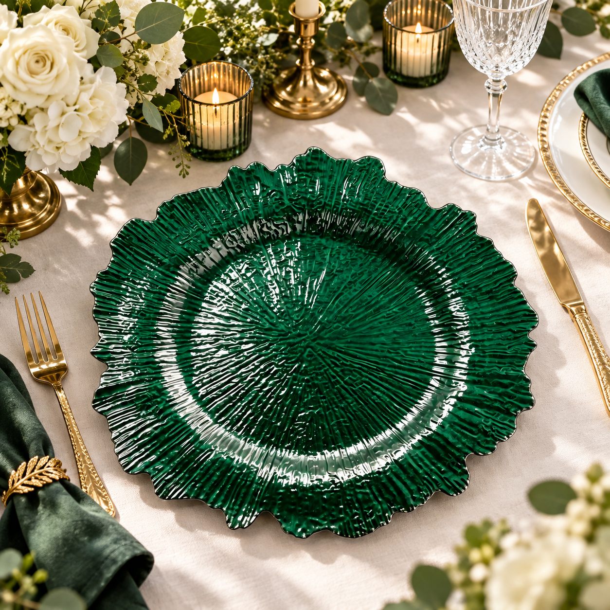 woju 13 inch rose gold plastic charger plates powdercoated radiant textured charger plates with wavy petal edge for wedding banquet event table setting-4