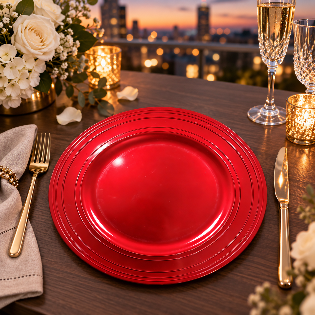 woju 13inch metallic gold pp plastic charger plates glossy round decorative underplates with multilayer concentric grooved rim for wedding banquet hotel table setting-1