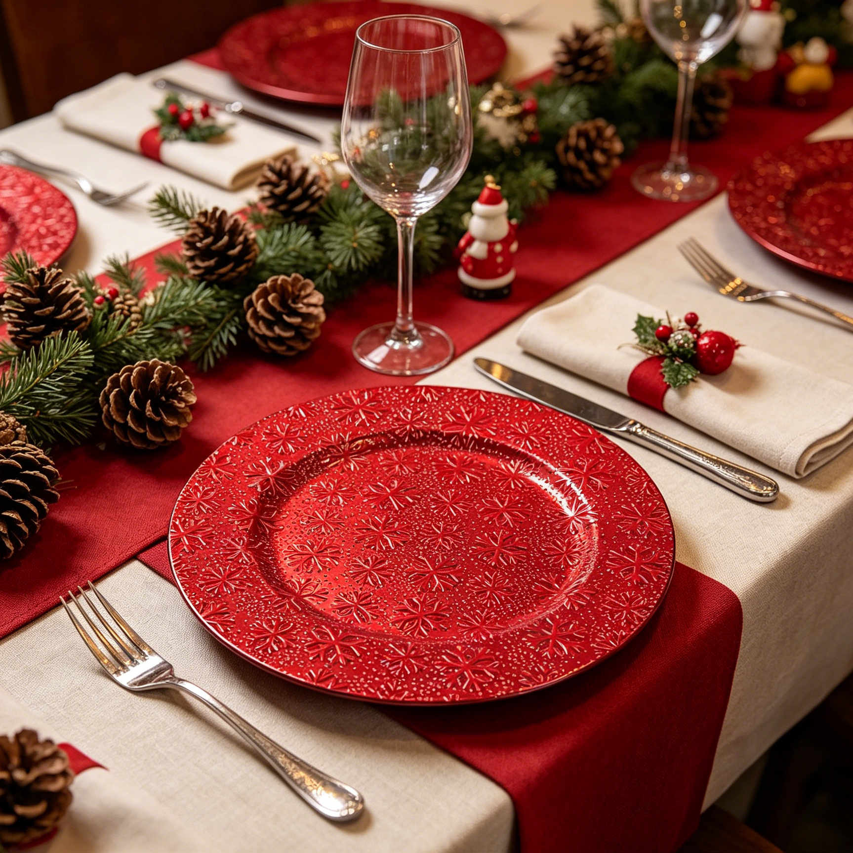 woju red pp plastic charger plates embossed 3d snowflake pattern decorative underplates for christmas holiday wedding  hotel banquet table setting-2
