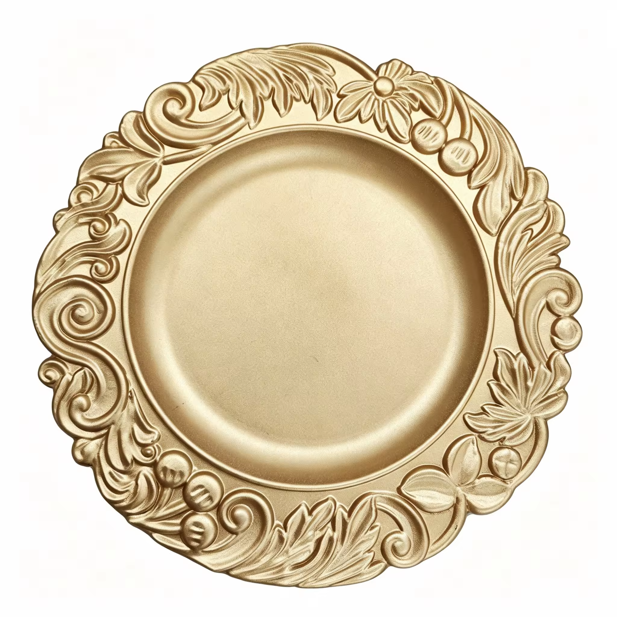 Woju 13‑Inch Gold PP Charger Plates, Reusable Baroque Floral Scroll Embossed Rim Decorative Plates for Wedding, Hotel & Banquet Table Setting
