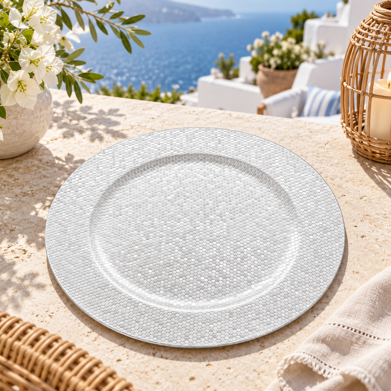 woju geometric 13in silver charger plates wedding powder coated plastic plates with honeycomb texture for wedding table decor-1