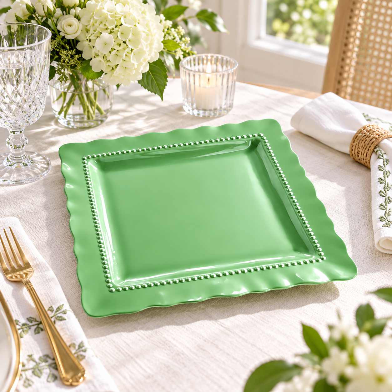 wojia 13in red powder coated square charger plate luxury scalloped beaded rim plastic underplate wedding party table decor-4