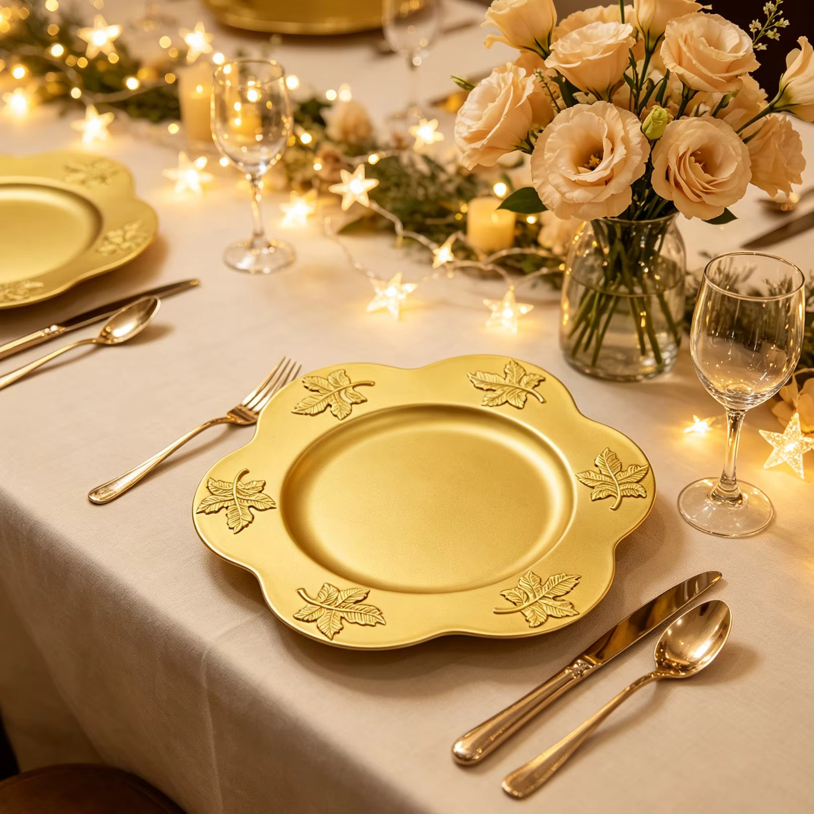 elegant gold scalloped edge durable charger plates wholesale pp material maple leaf pattern dinnerware thanksgiving-3