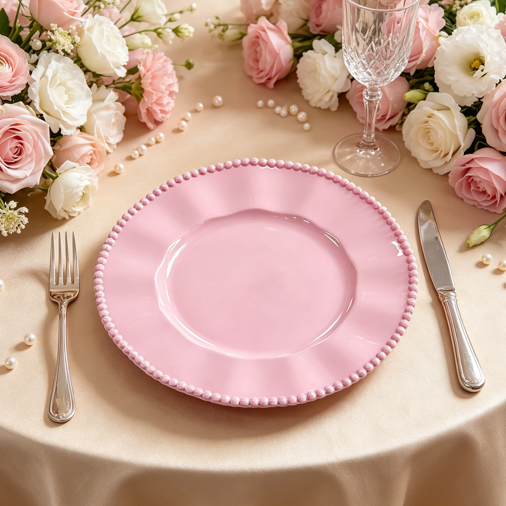 woju 33cm pink pp charger plates reusable glossy decorative plates with pearlbeaded rim  scalloped wavy edge for wedding bridal shower banquet table setting-3