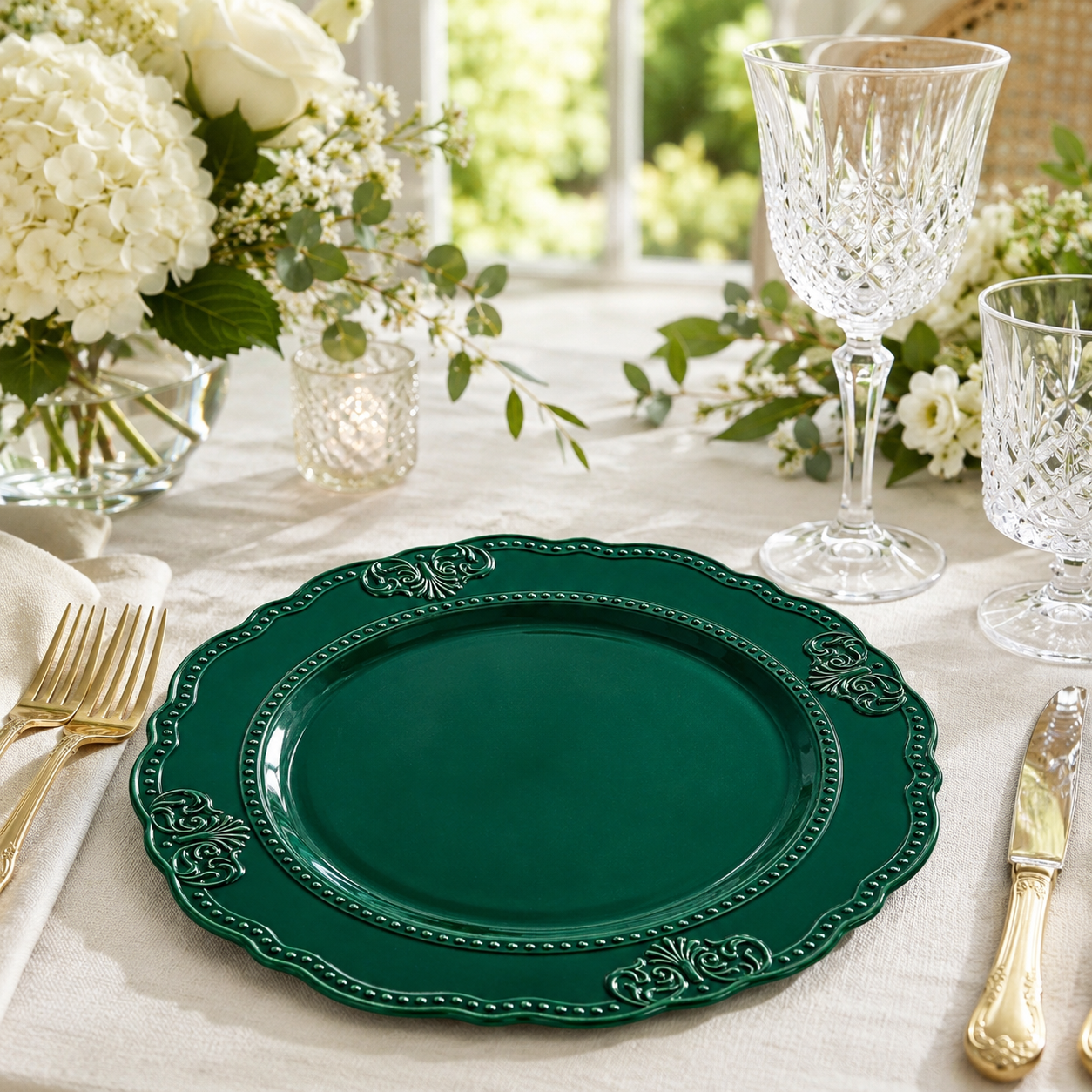woju 13inch glossy dark green pp plastic charger plates scalloped shape decorative underplates with beaded rim  vintage scroll embossment for wedding banquet hotel table setting-4