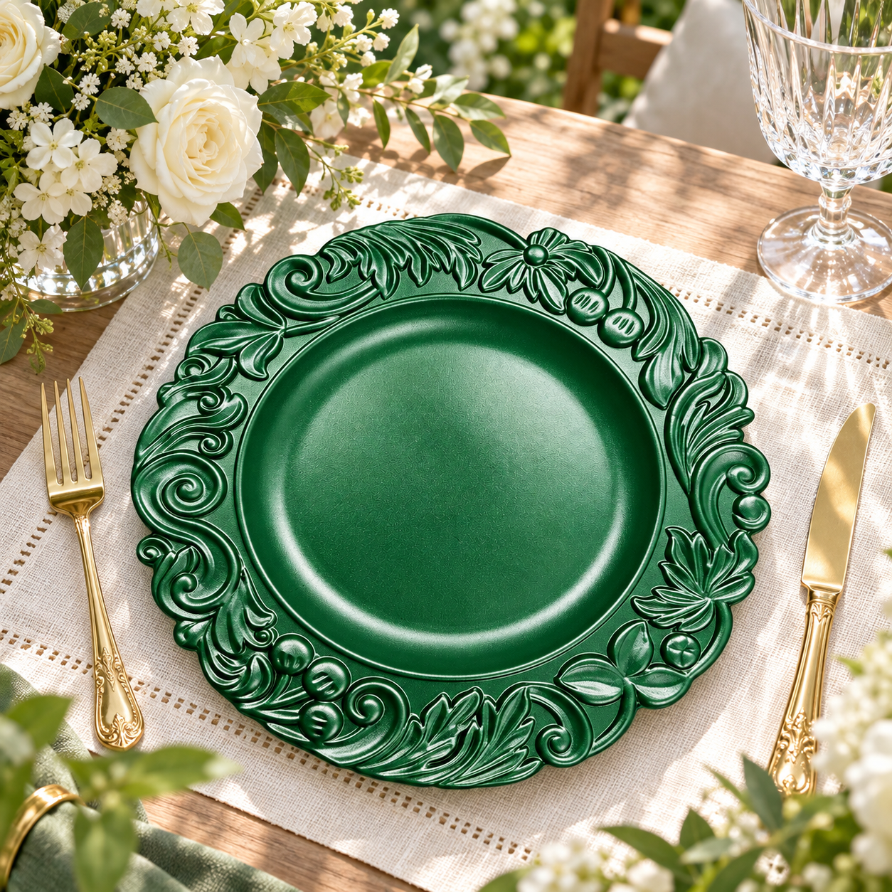 woju 13inch gold pp charger plates reusable baroque floral scroll embossed rim decorative plates for wedding hotel  banquet table setting-4