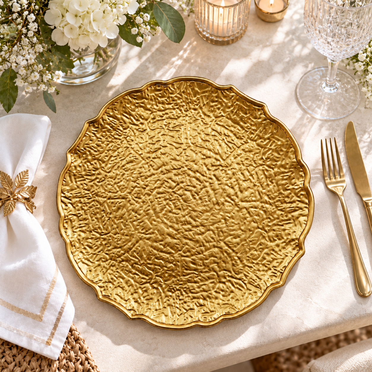 woju 13 inch wavy scalloped plastic charger plates hammered textured metallic decorative service plates for wedding banquet  event table decor multiple colors available-1