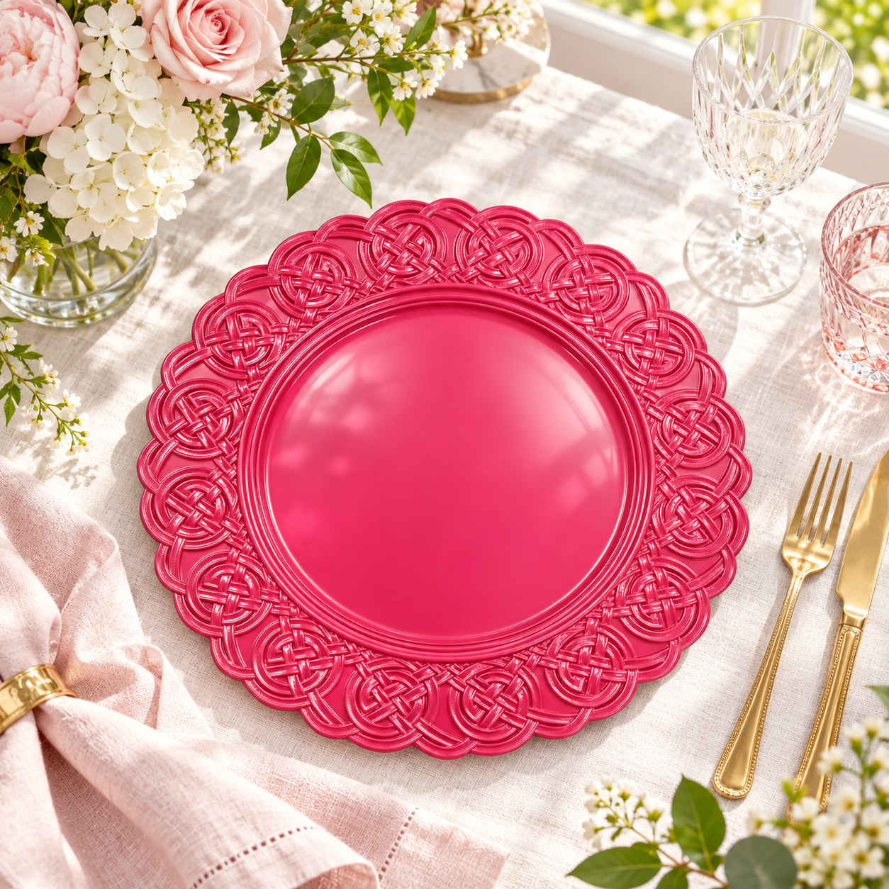 luxury plastic charger plate 13in powder coated woven knot embossed scalloped rim elegant pink design for wedding party-1