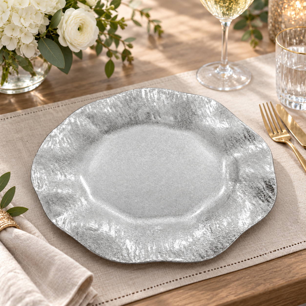 wojia 13in powder coated silver wavy edge charger plate elegant modern plastic underplate hotel banquet catering table deco-2