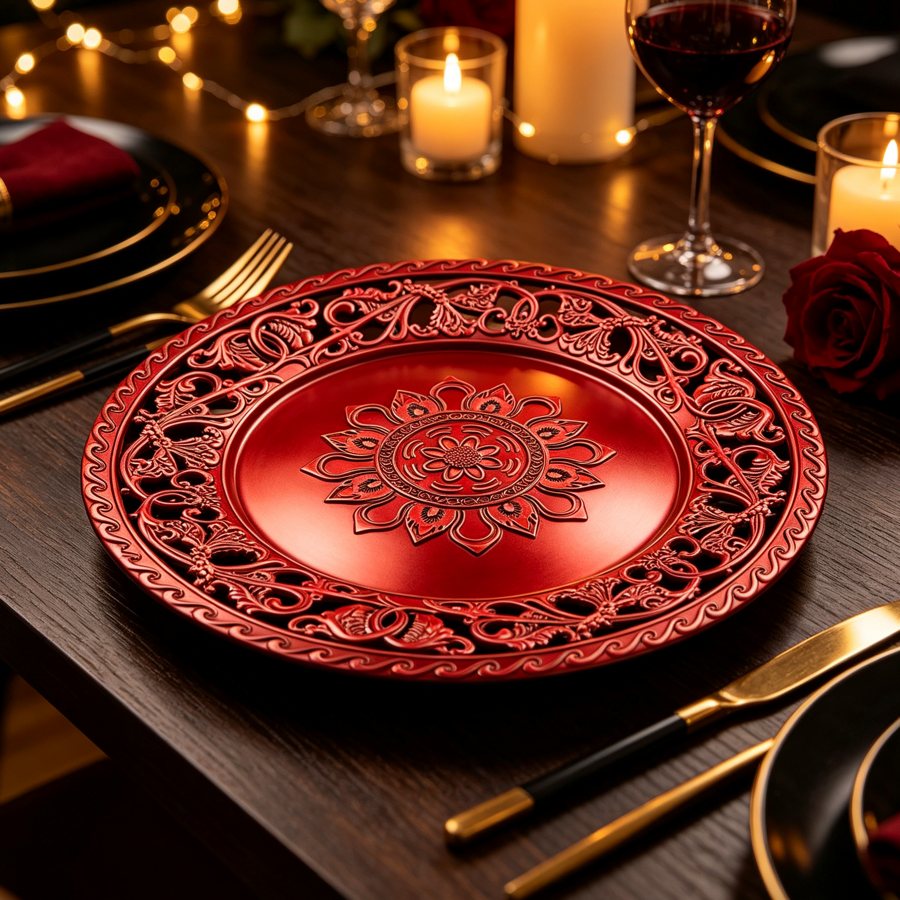wojia 13 inch plastic pp glossy pigmented eco friendly durable reusable american style party dinnerware charger plates fujian-3