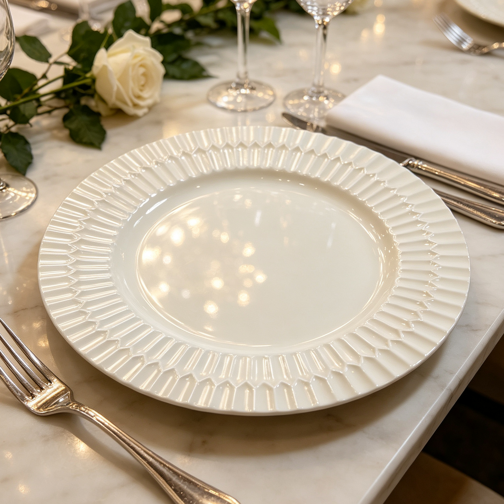 woju 13inch glossy pale gold pp plastic charger plates round decorative underplates with radiating pleated rim for wedding banquet hotel table setting-2