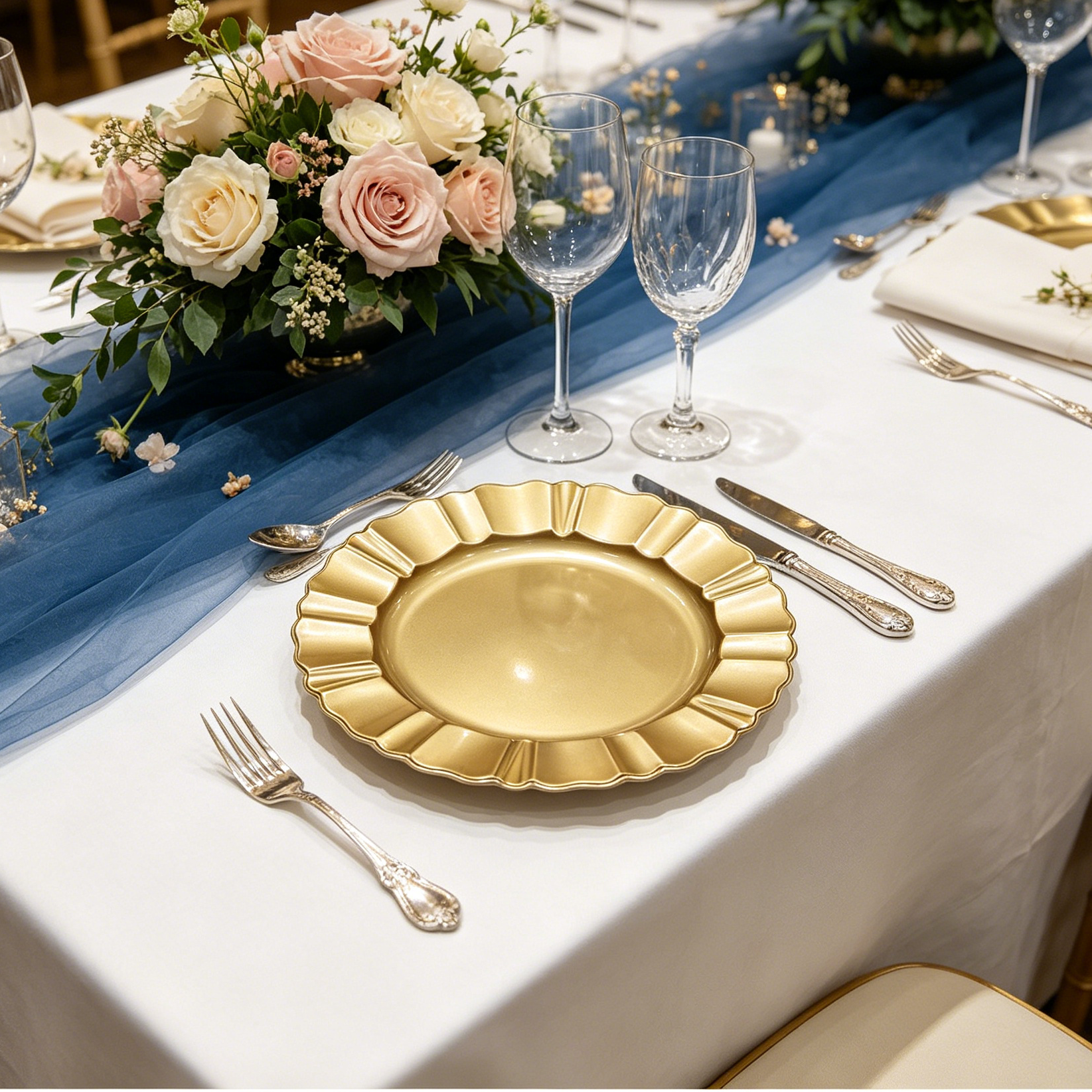 woju 13inch glossy metallic gold pp plastic charger plates round decorative underplates with scalloped ruffled rim for wedding banquet hotel table setting-4