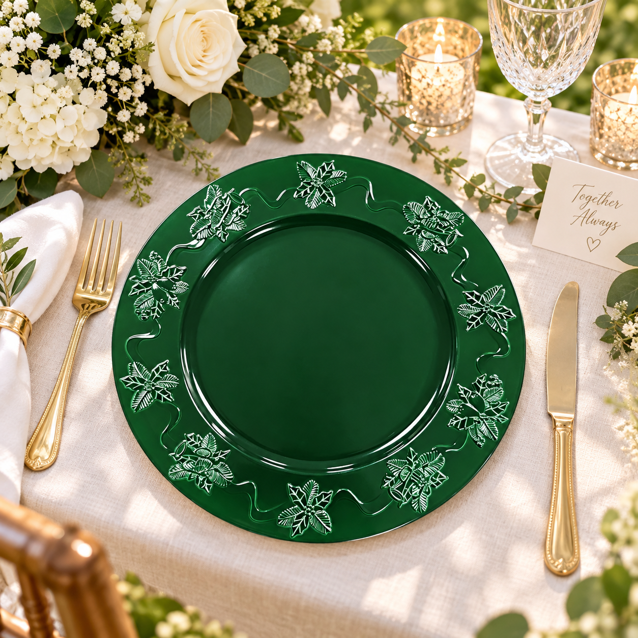 13in plastic charger plate powder coated luxury embossed floral rim elegant green table decor for wedding reception-1