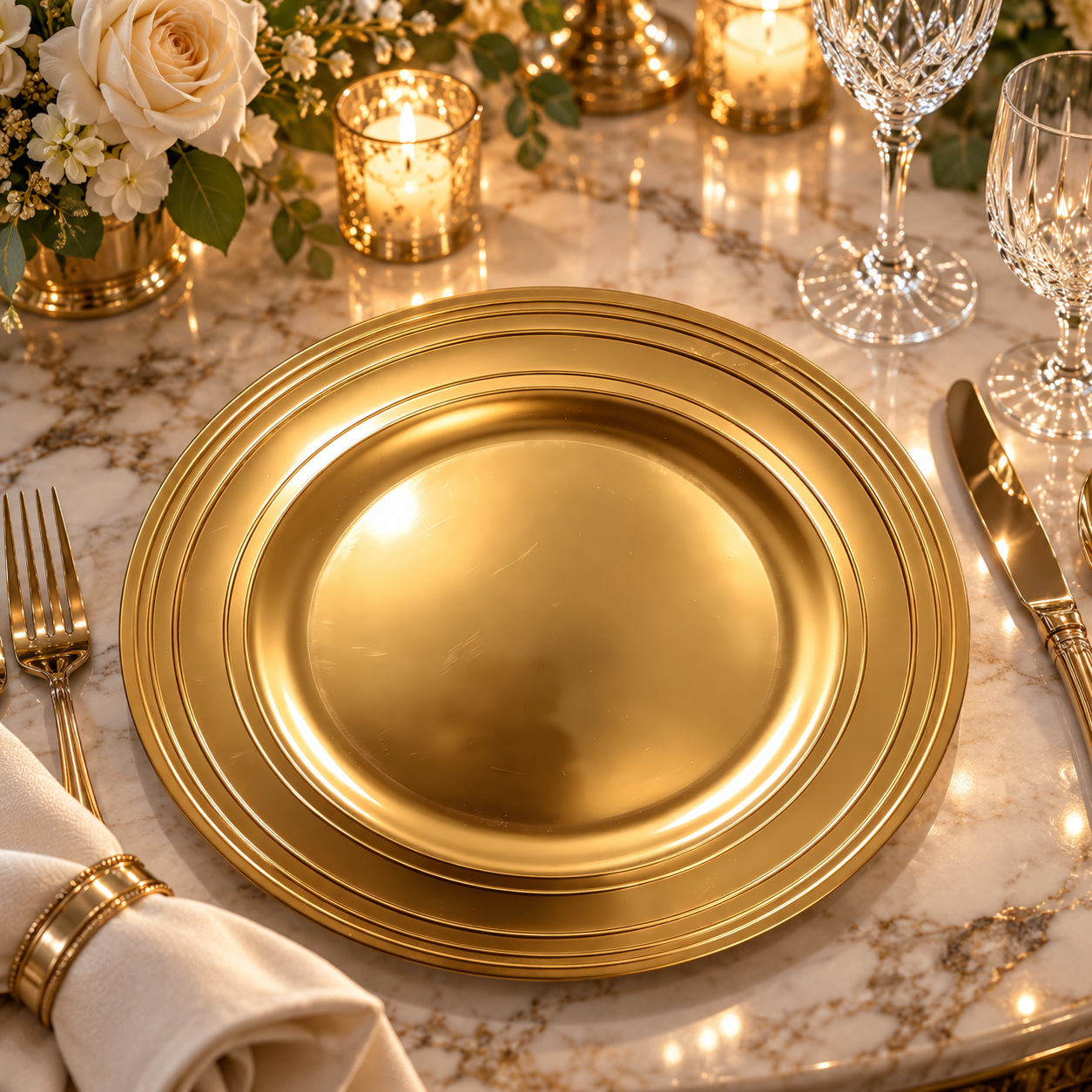 woju 13inch metallic gold pp plastic charger plates glossy round decorative underplates with multilayer concentric grooved rim for wedding banquet hotel table setting-3
