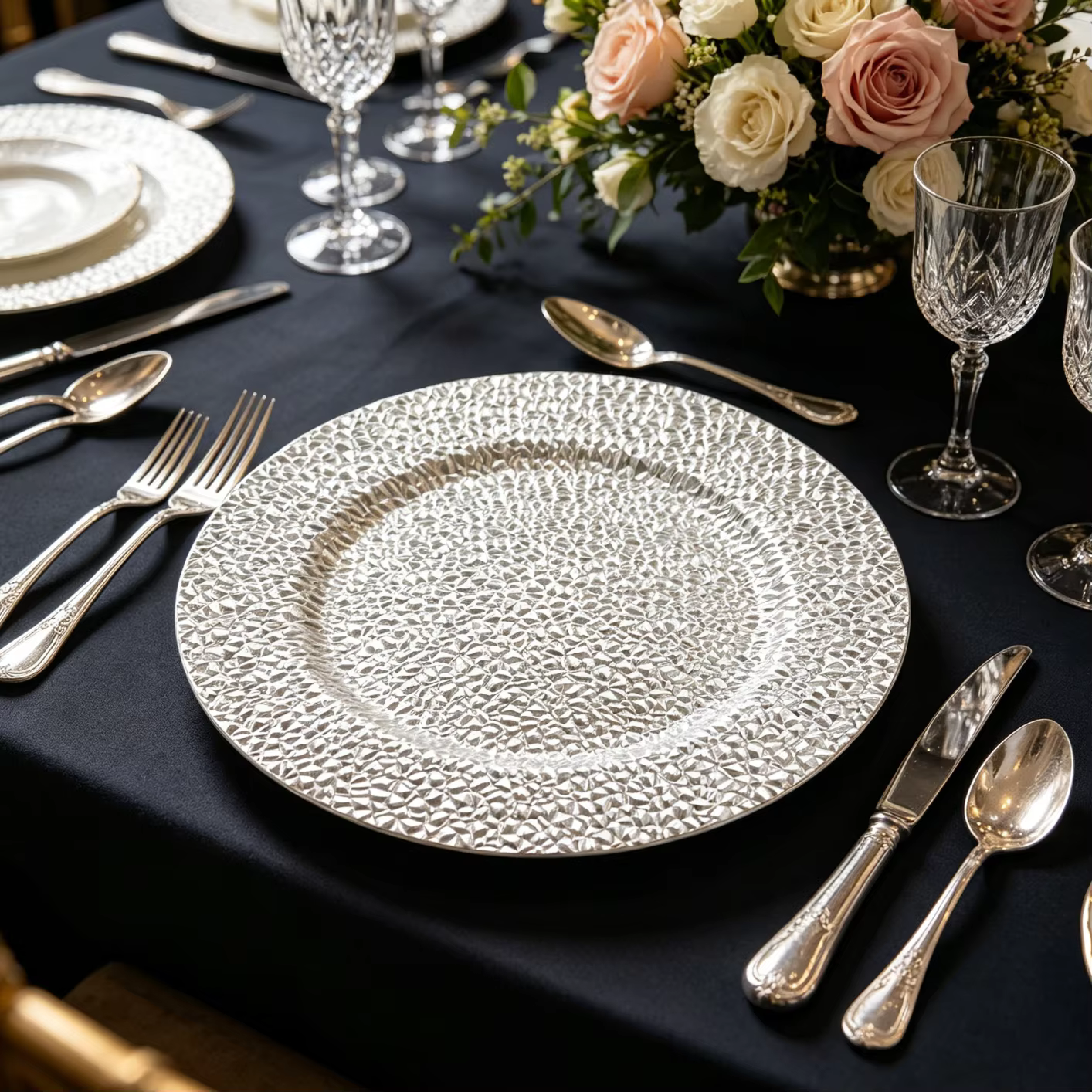 bulk luxury eco friendly durable art deco reusable plastic charger plates for wedding banquet and party table setting-4