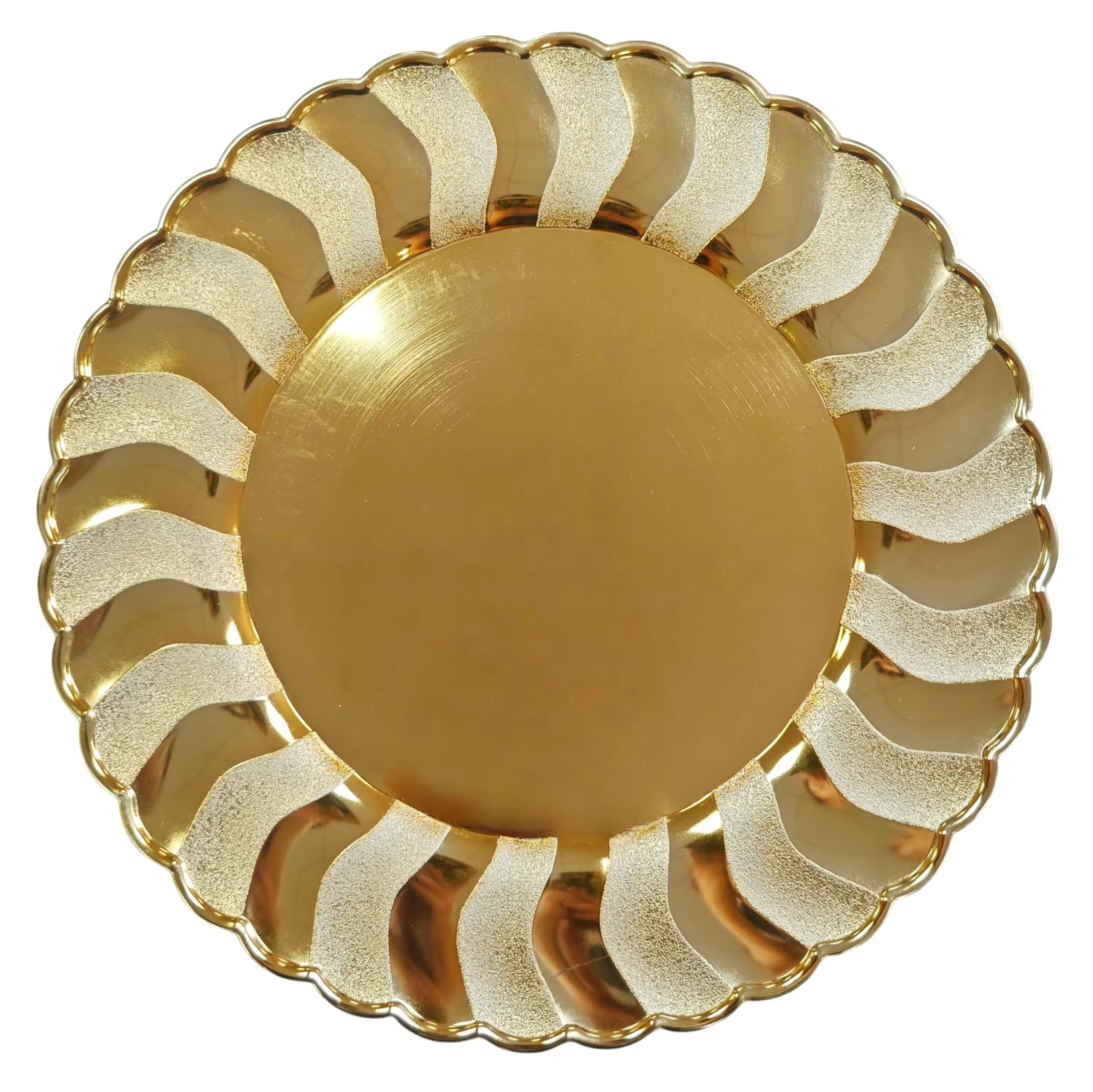 Hot Sell Shatterproof Luxury Durable Vintage Round PP Plastic Charger Plates Customized Pattern Pigmented Wedding Parties