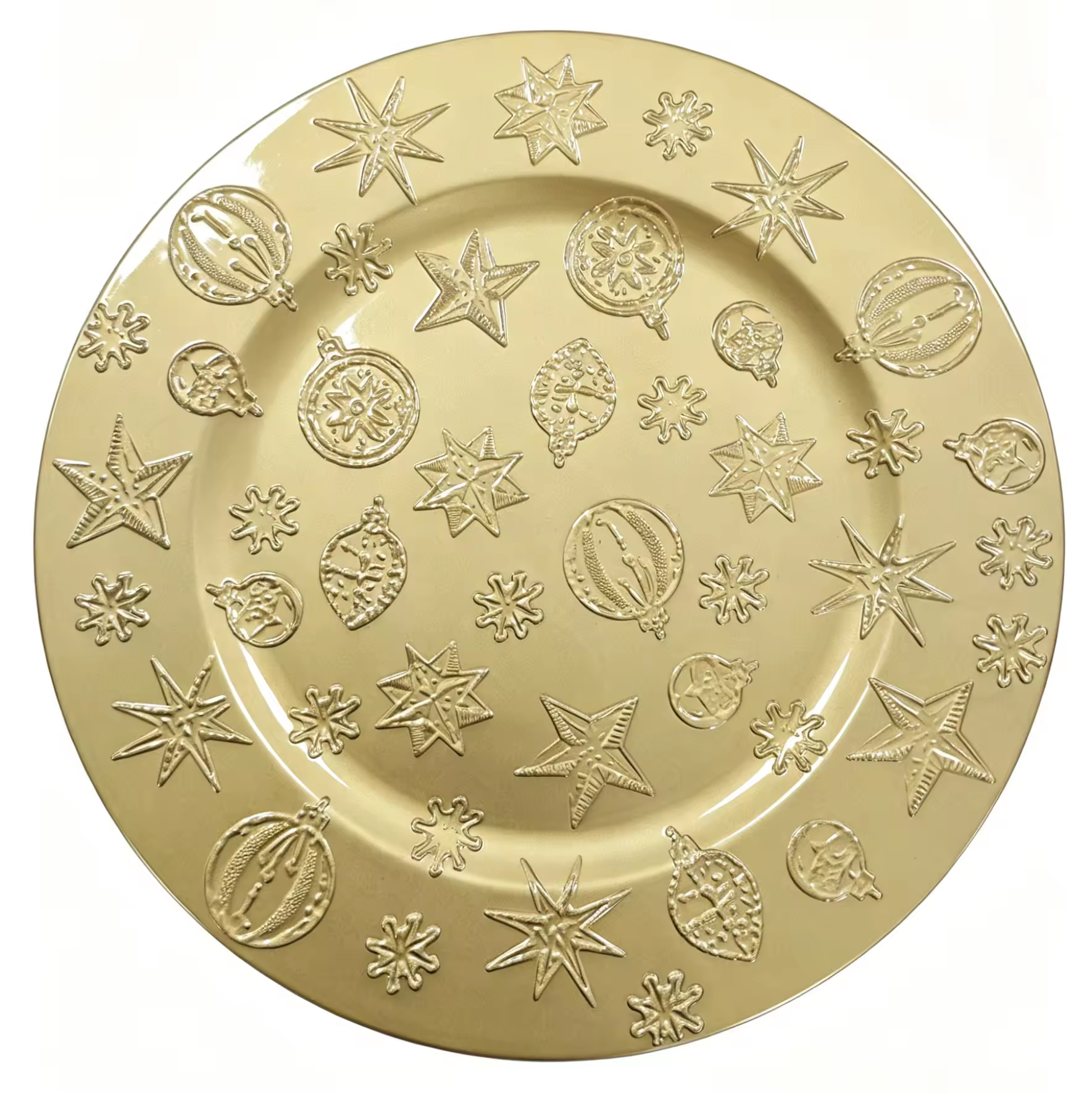 2026 New Arrival Gold Christmas Charger Plates with Embossed Ornament Star and Snowflake Pattern