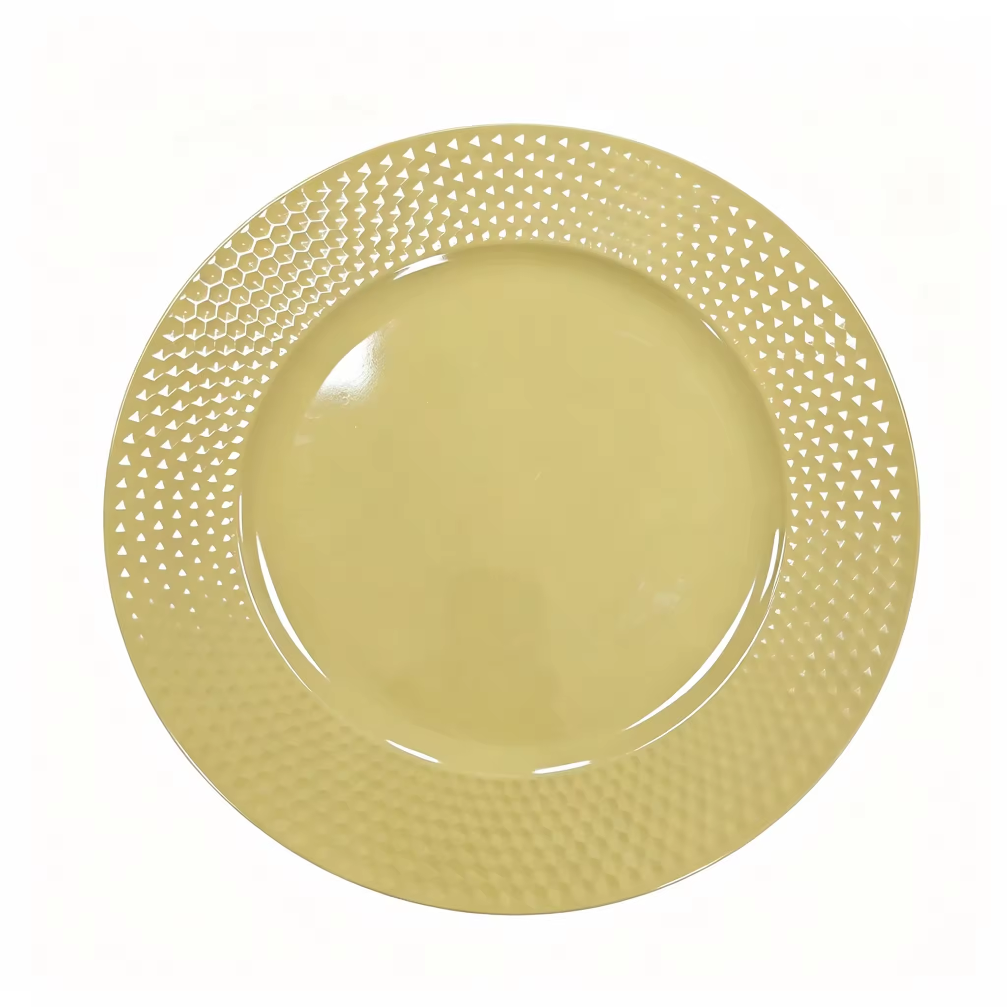 Woju 13‑Inch Cream White PP Plastic Charger Plates, Glossy Round Decorative Underplates with Mixed Geometric Embossed Rim for Wedding Banquet Hotel Table Setting